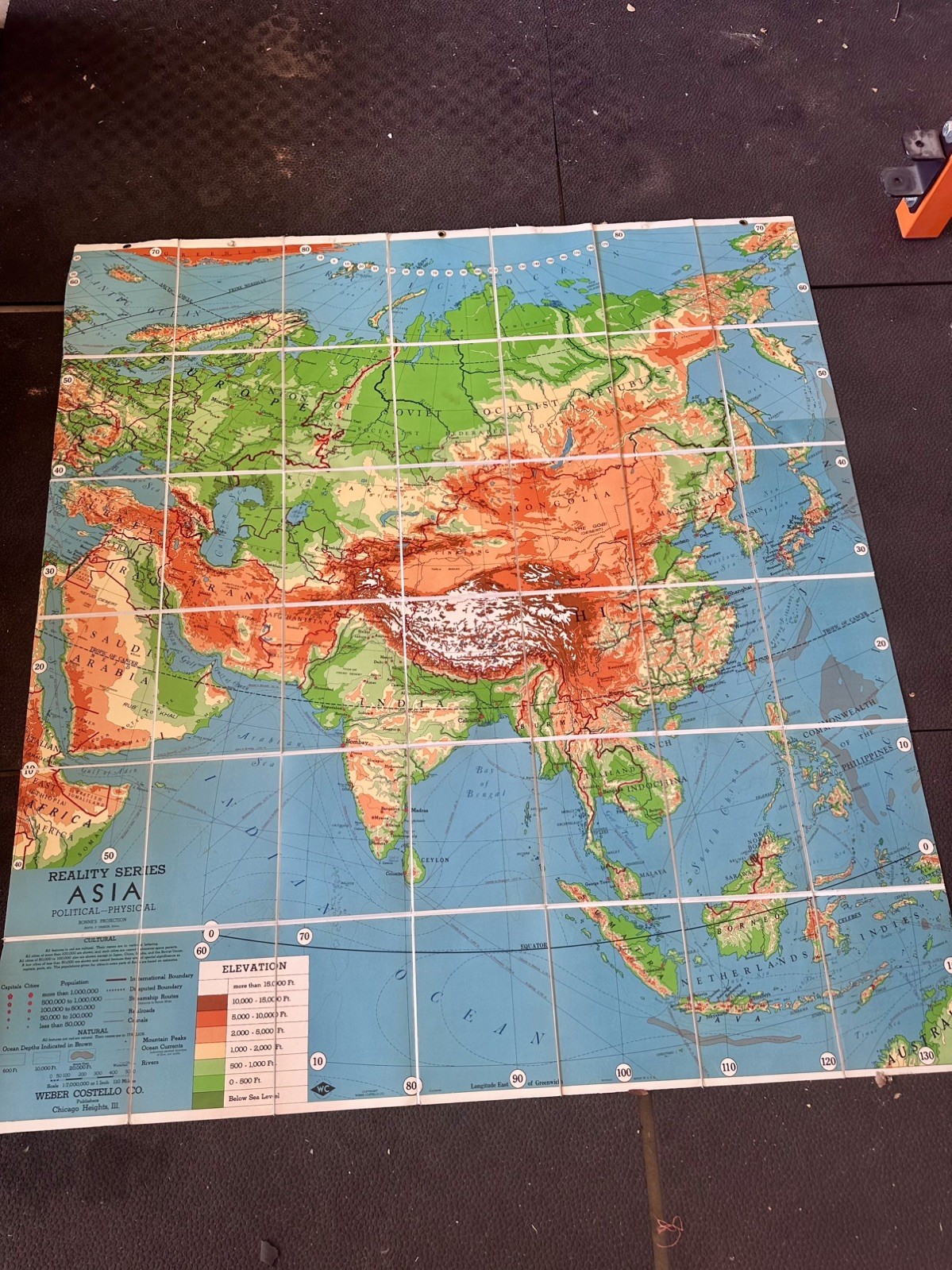 Vintage 1950s Weber Costello Reality Series Asia Folding School Map 64x59