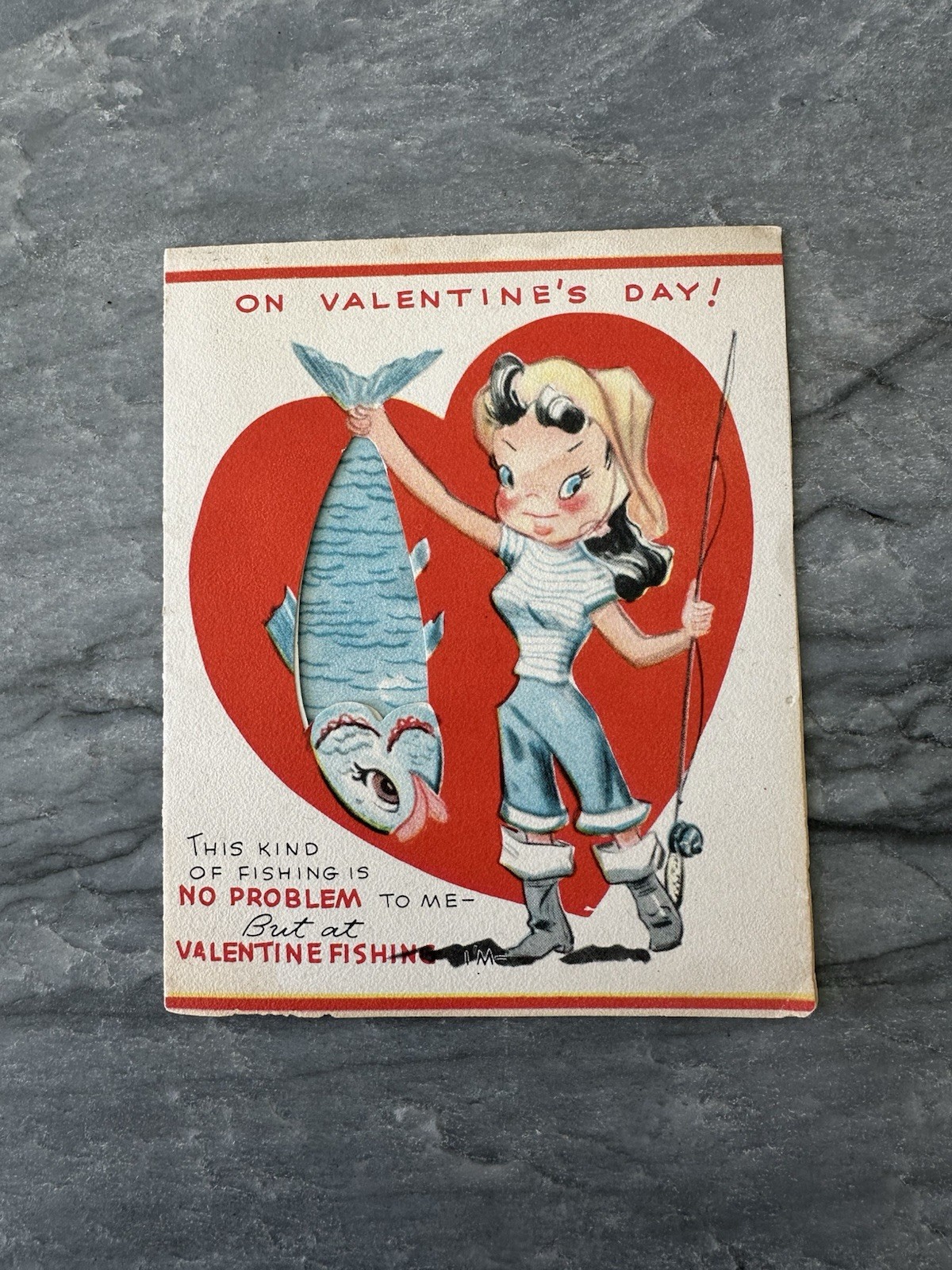 Vintage Valentine Greeting Card Pretty Fisherman Girl Pole Rod Fish Ocean Boat