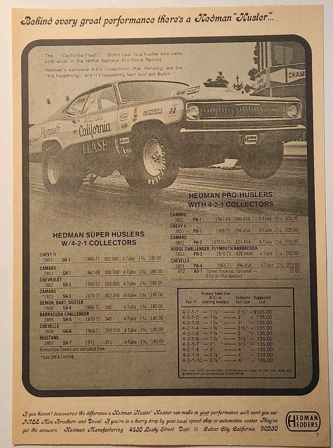 1972 Hedman Hedders NHRA Butch Leal Drag Racing 71 Duster Original Print Ad CA