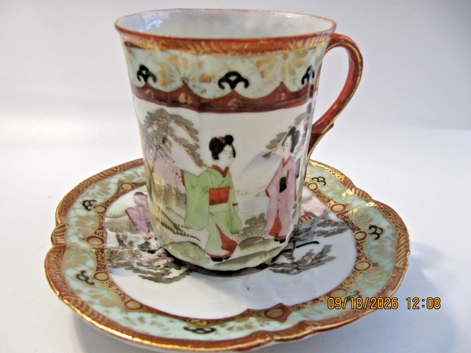 Vintage Japanese Geisha Eggshell Porcelain Teacup & Saucer Set Hand Painted