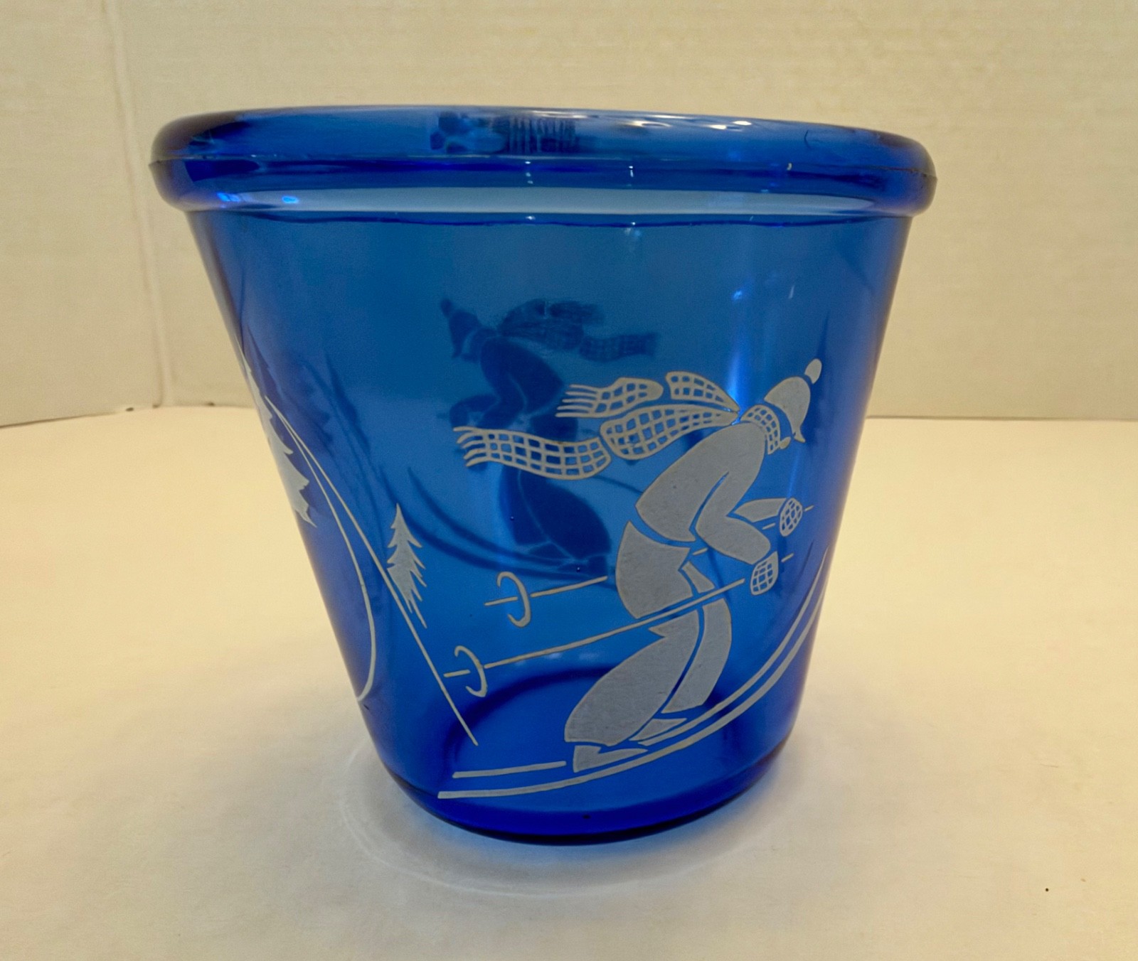 Vintage Hazel Atlas Glass Cobalt Blue 4 1/4” Ice Bucket Sportsman Series-Skier