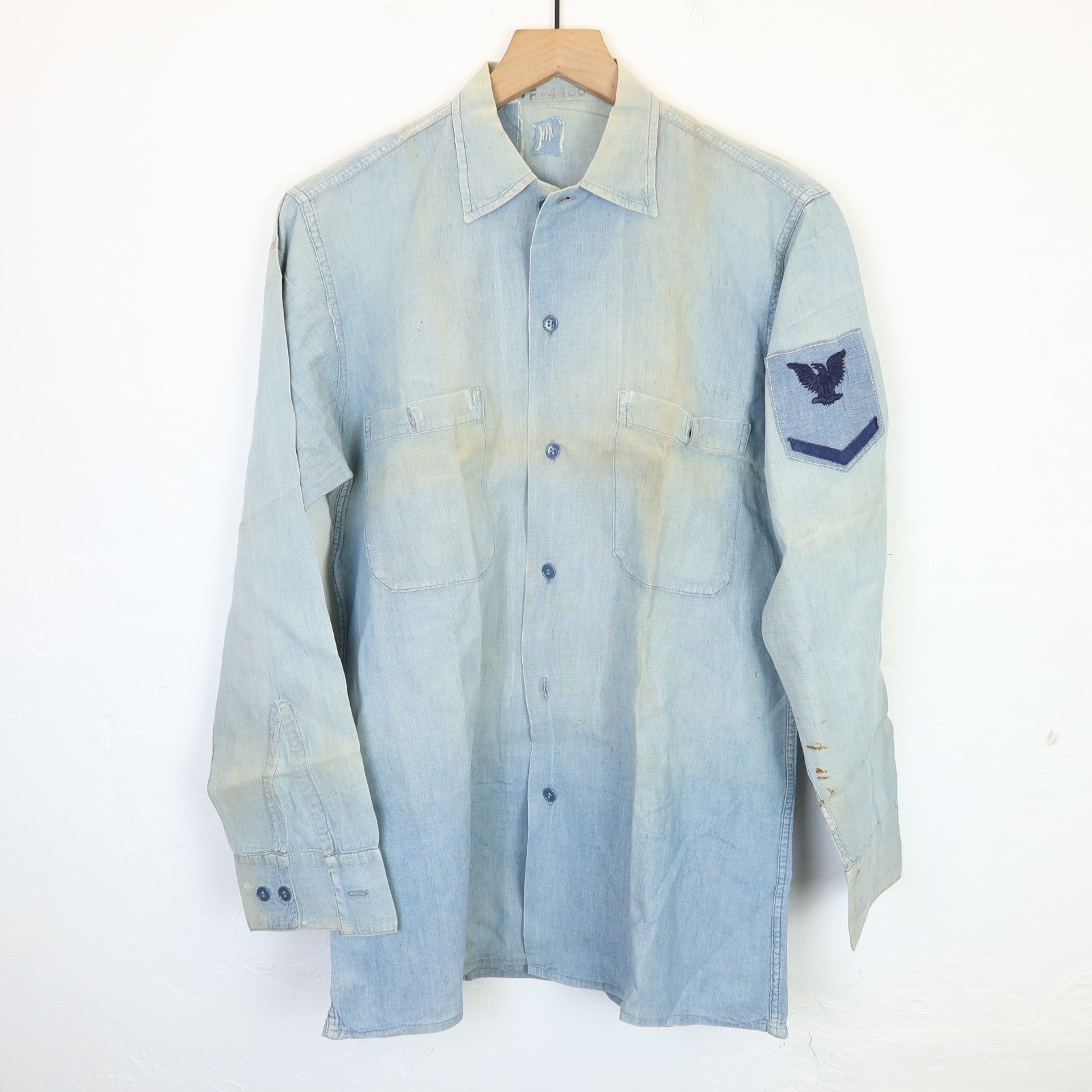 Vintage 40s 50s WWII WW2 USN Navy Chambray Denim Shirt Stencil Named As Is Mens