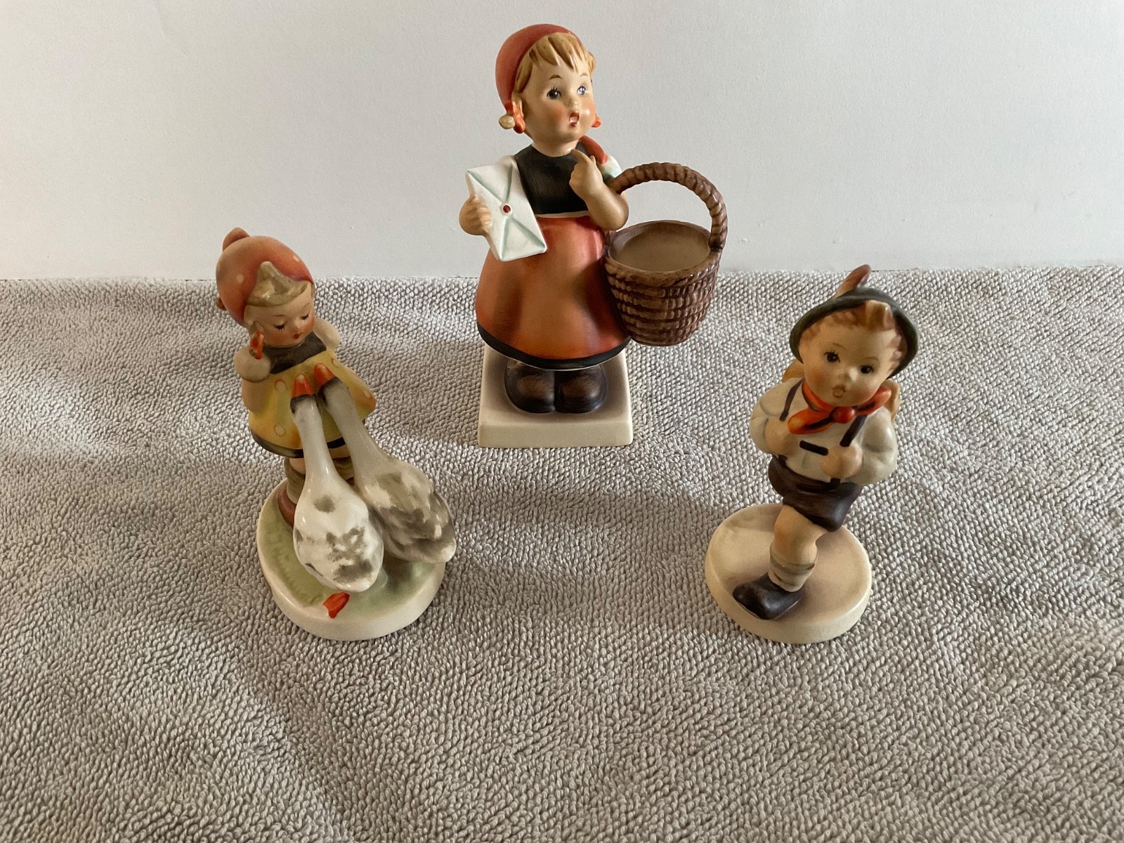 1950’s Hummel #13 5” Bee Girl w Basket & Love Letter, 4” School boy & Goose Girl 1950’s Hummel #13 5” Bee Girl w Basket & Love Letter, 4” School boy & Goose Girl