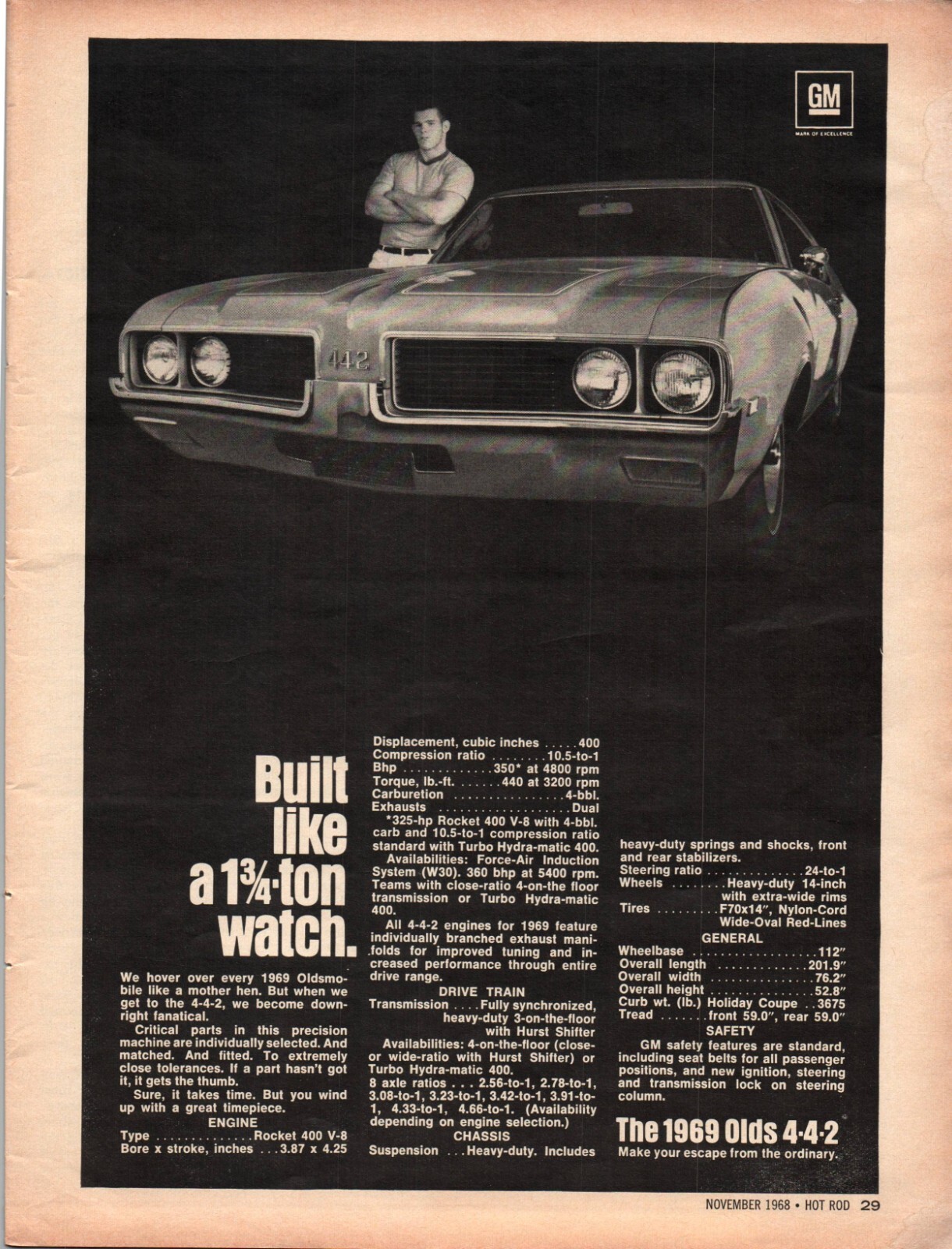 General Motors 442 1969 Model Year With Specs Vintage Print Ad 1968