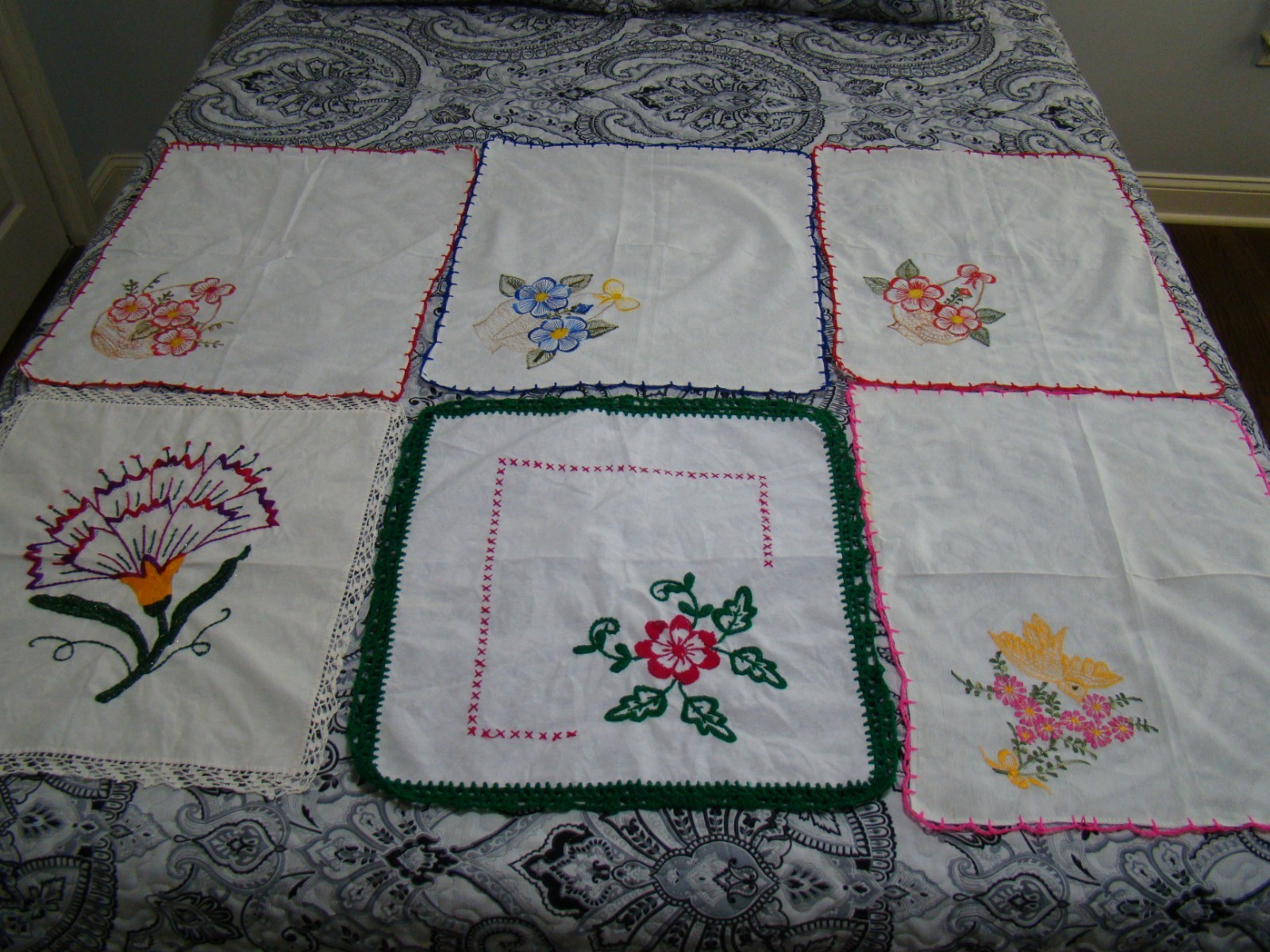 Group of 6 - Vintage Embroidered Floral Table Toppers - Cottage Core/Farmhouse Group of 6 - Vintage Embroidered Floral Table Toppers - Cottage Core/Farmhouse
