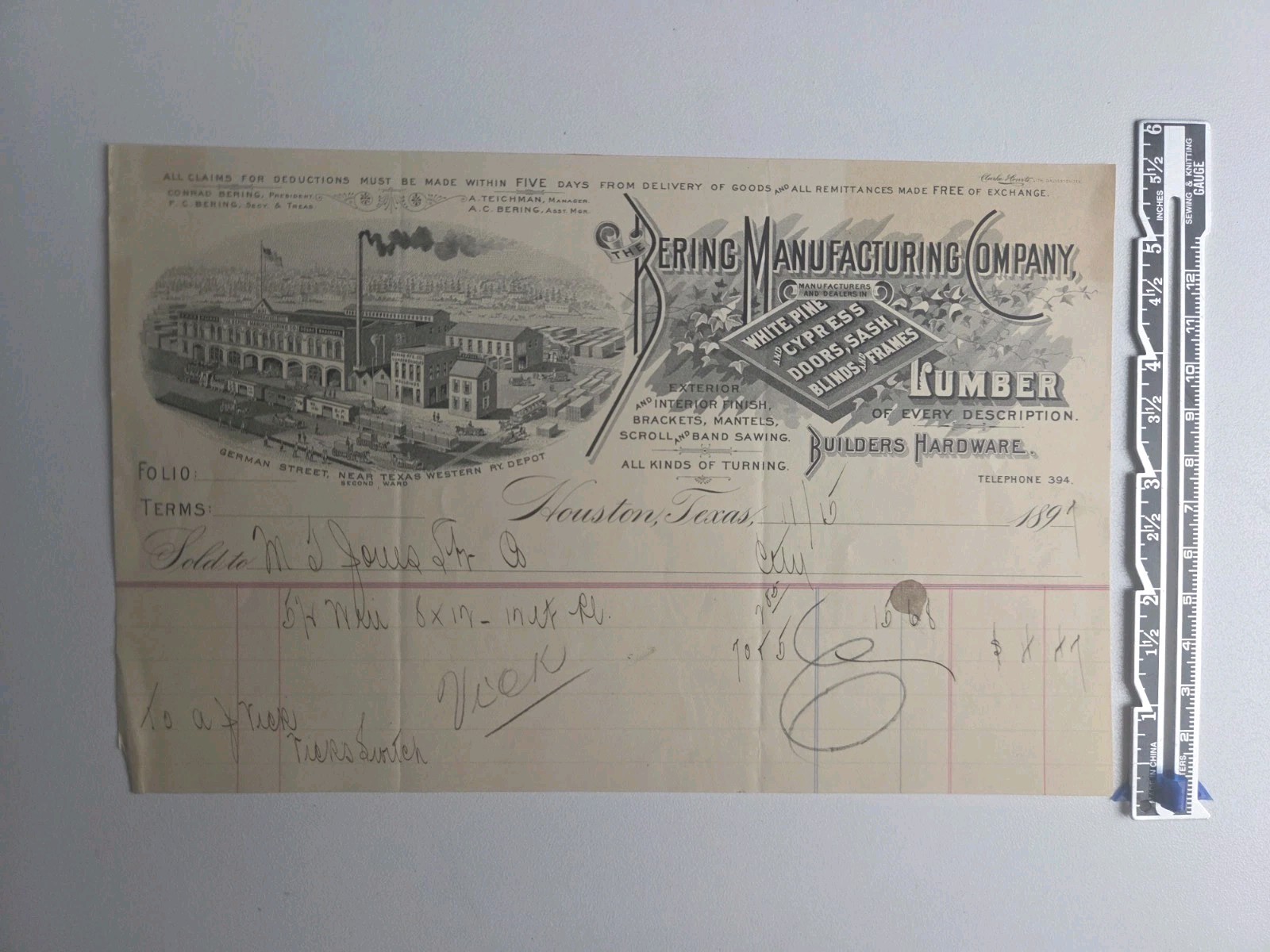 1890s Bering Manufacturing Co Houston Texas Illustrated Lumber Billhead Factory