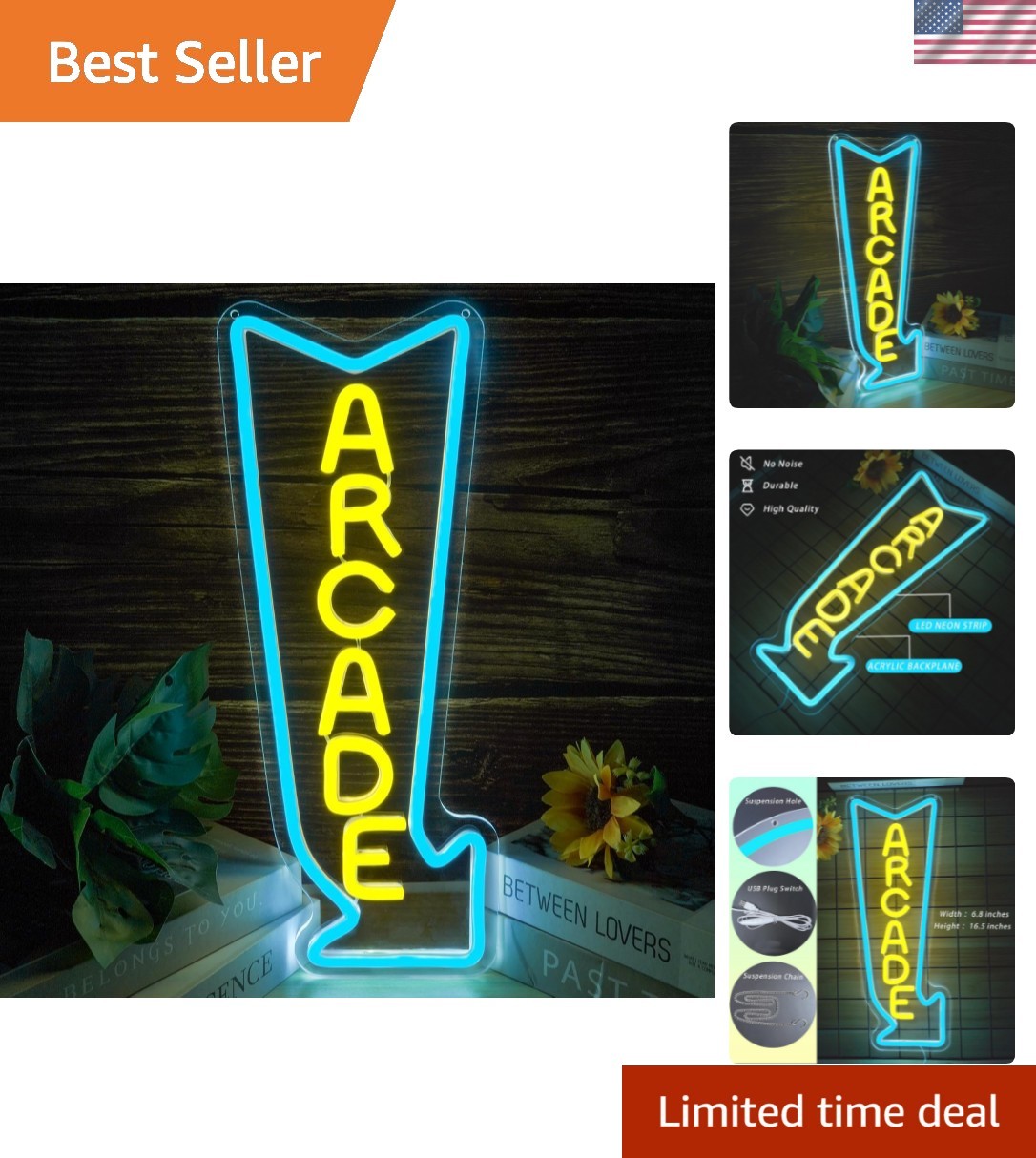 Neon Sign Arcade LED Dimmable USB Powered Game Room Wall Decor Ice Blue Yellow