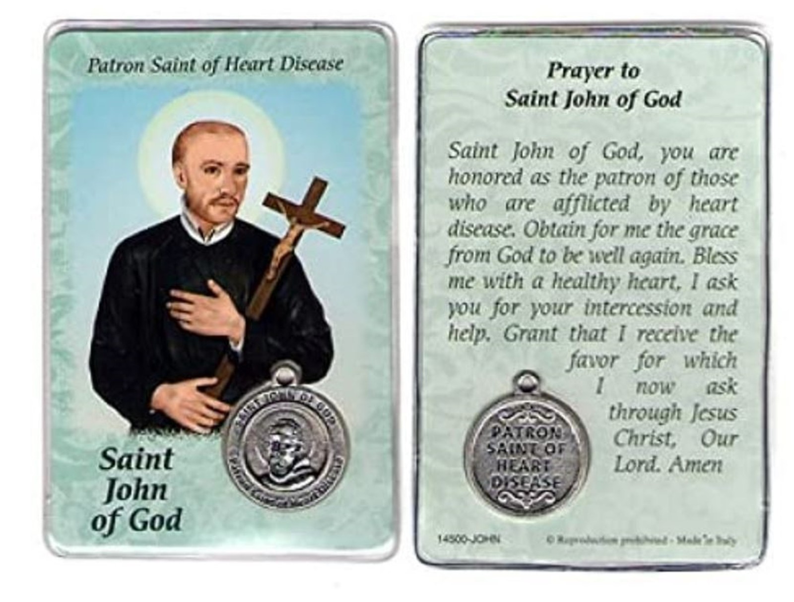 St John of God Patron of Heart Disease Prayer Card w Medal Laminated