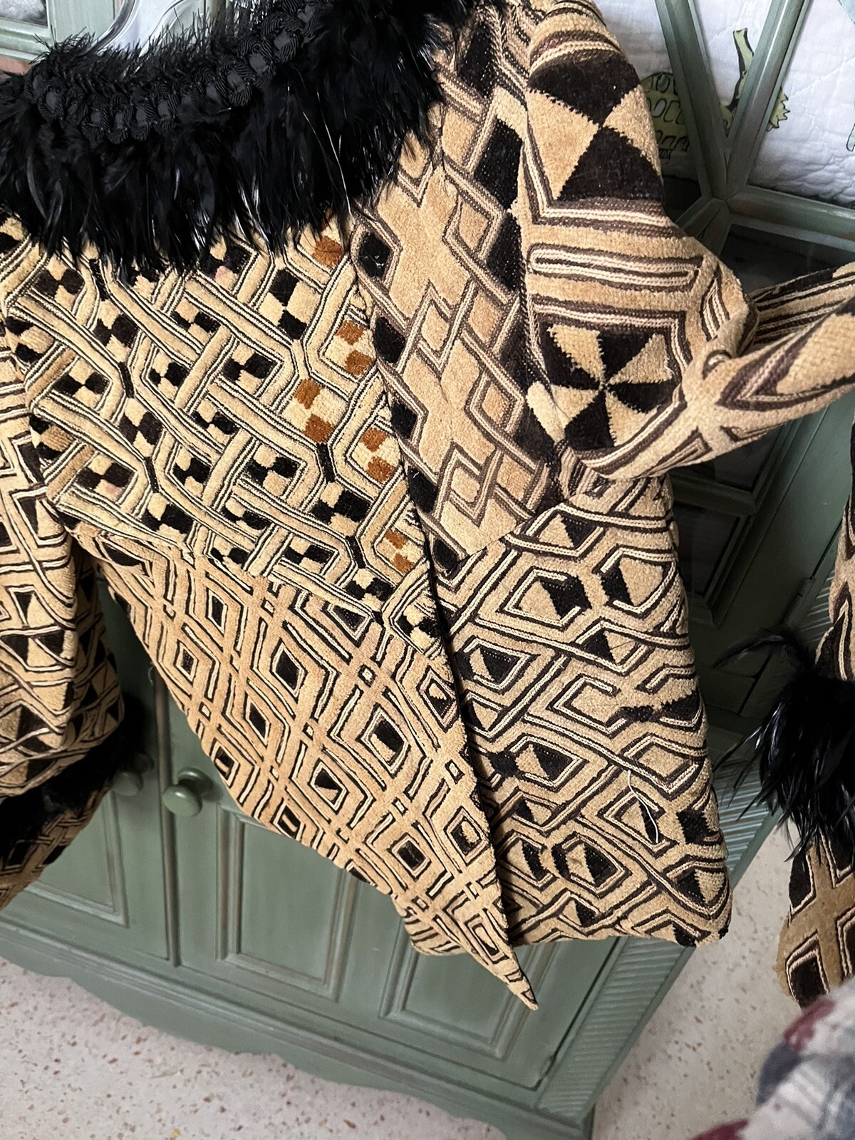 Magnificent Kuba Cloth Bolero Jacket Couture Ostrich Trim African Art Stunning Magnificent Kuba Cloth Bolero Jacket Couture Ostrich Trim African Art Stunning