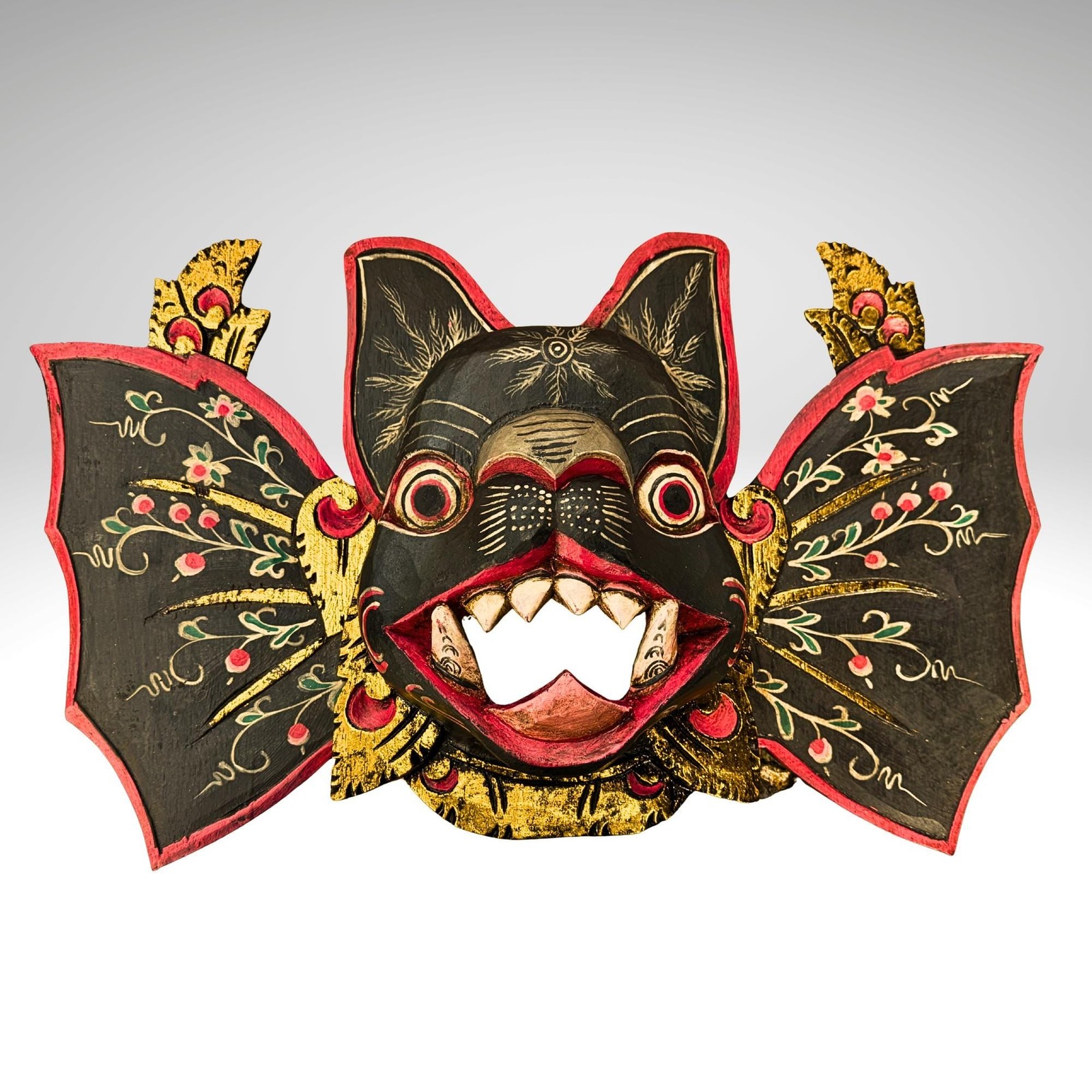 Balinese Winged Bat Mask Hand-Carved Bali Folk Art Gothic Wall Decor