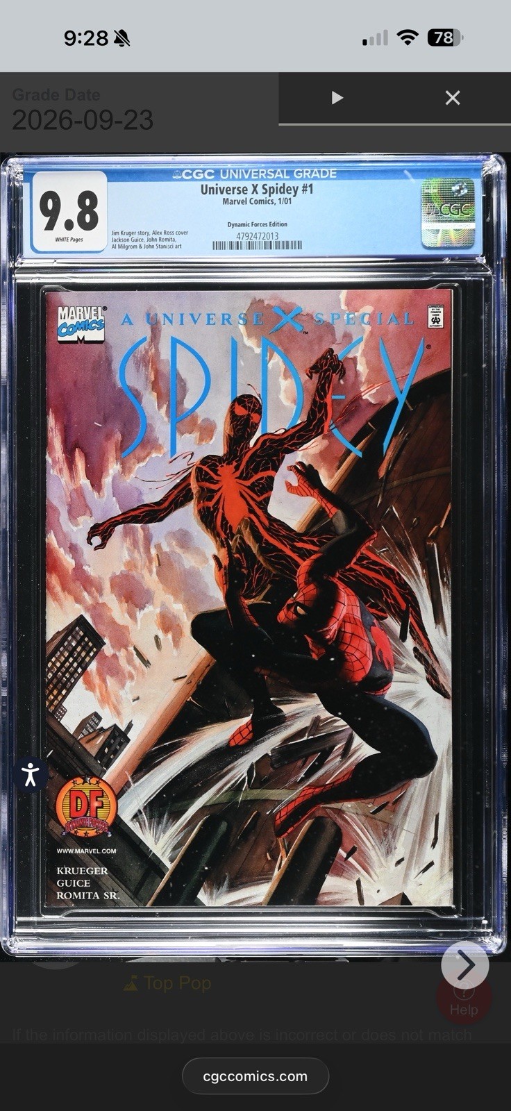 Universe X Spidey #1l CGC 9.8 Dynamic Forces Variant Spider-Man Ross Marvel 🔥 Universe X Spidey #1l CGC 9.8 Dynamic Forces Variant Spider-Man Ross Marvel 🔥