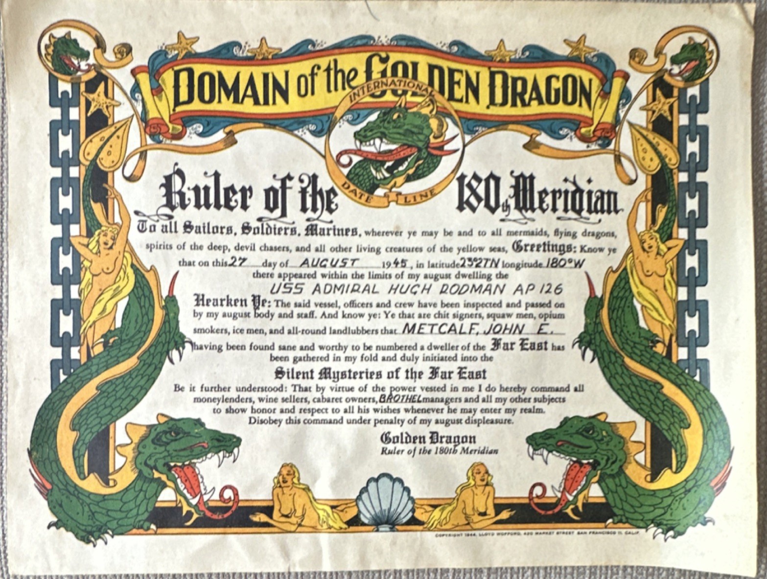 Original WWII 1945 Domain Of The Golden Dragon Certificate USS Admiral Rodman Original WWII 1945 Domain Of The Golden Dragon Certificate USS Admiral Rodman