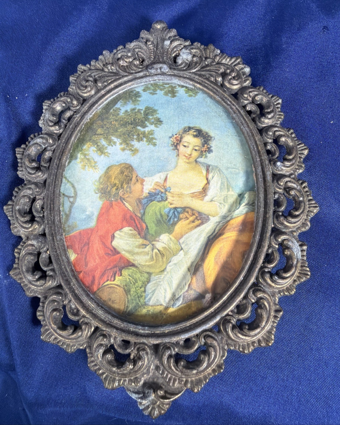 Vintage Courting Italian Miniature Print Ornate Brass Oval Frame Convex Glass Vintage Courting Italian Miniature Print Ornate Brass Oval Frame Convex Glass