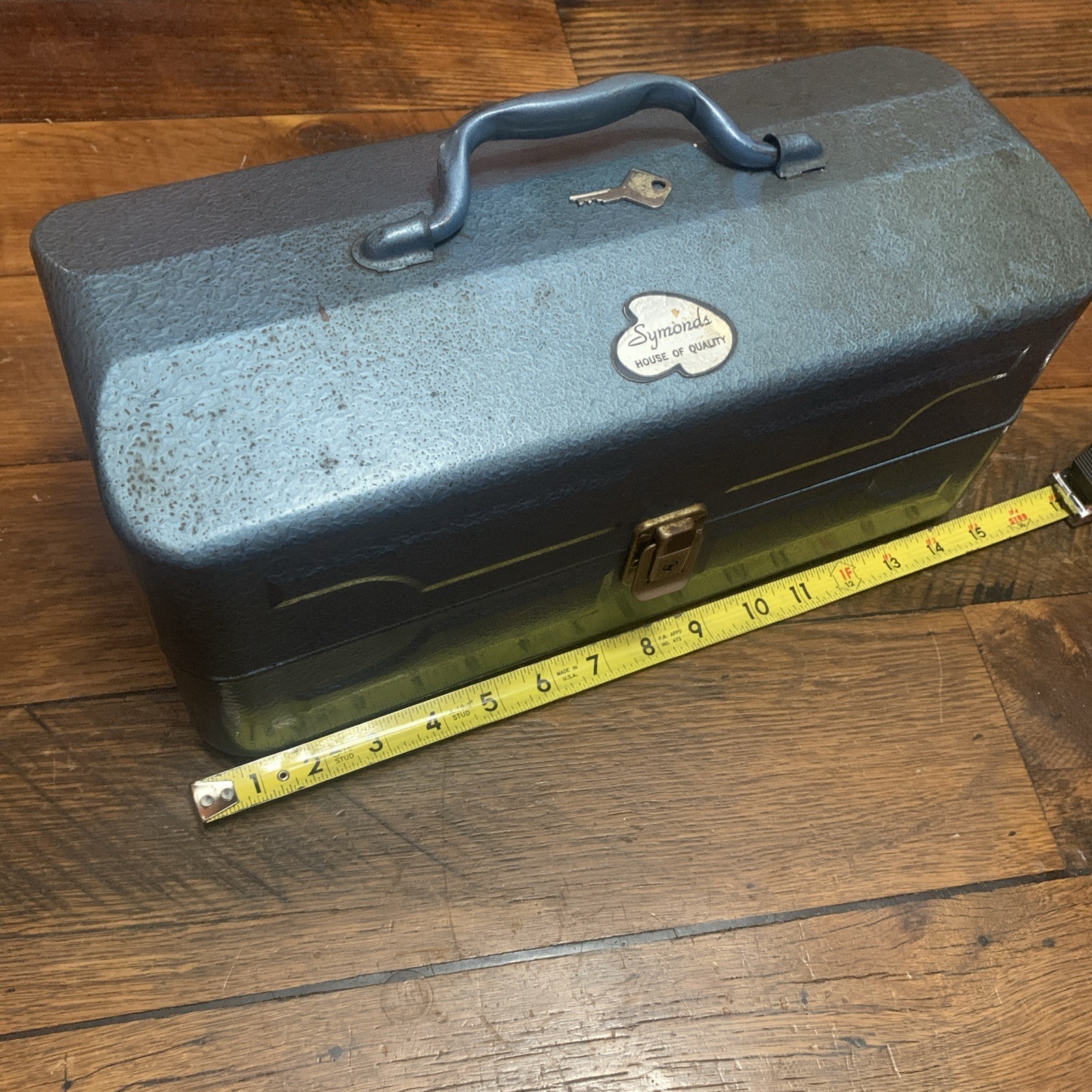Vintage Symonds Steel Tool Utility Tackle Box Blue 2-Teir  15”x6” With Key Nice