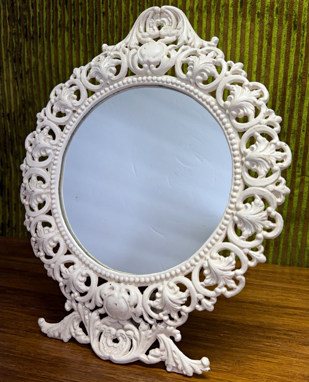 Vintage Victorian Style Cast Iron Rococo Vanity Mirror, White Enamel Scrollwork