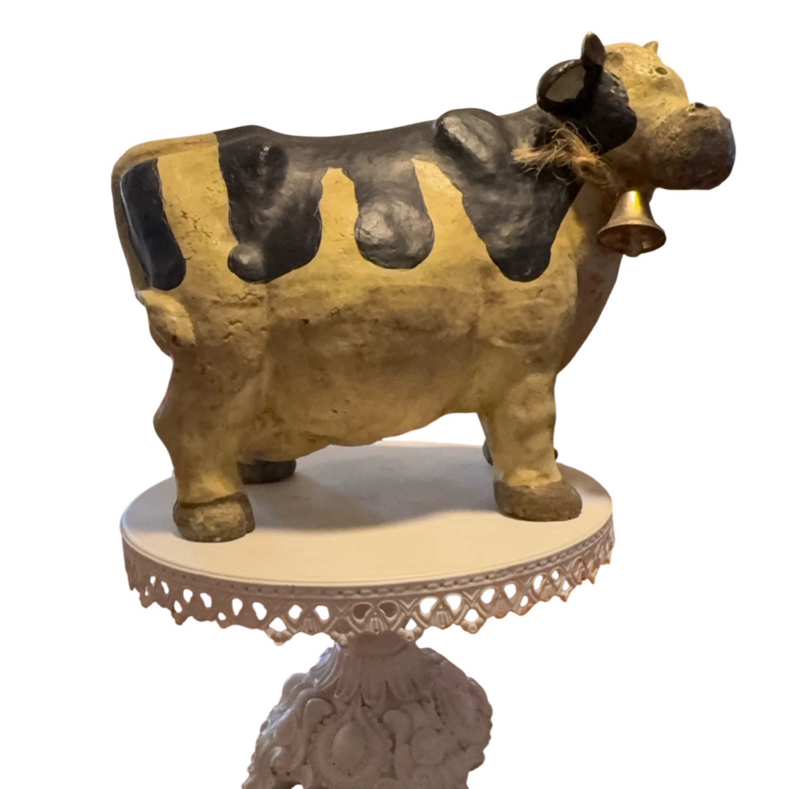 Vintage Papier Mache Cow Sculpture: Mexican Folk Art with Brass Bell Vintage Papier Mache Cow Sculpture: Mexican Folk Art with Brass Bell