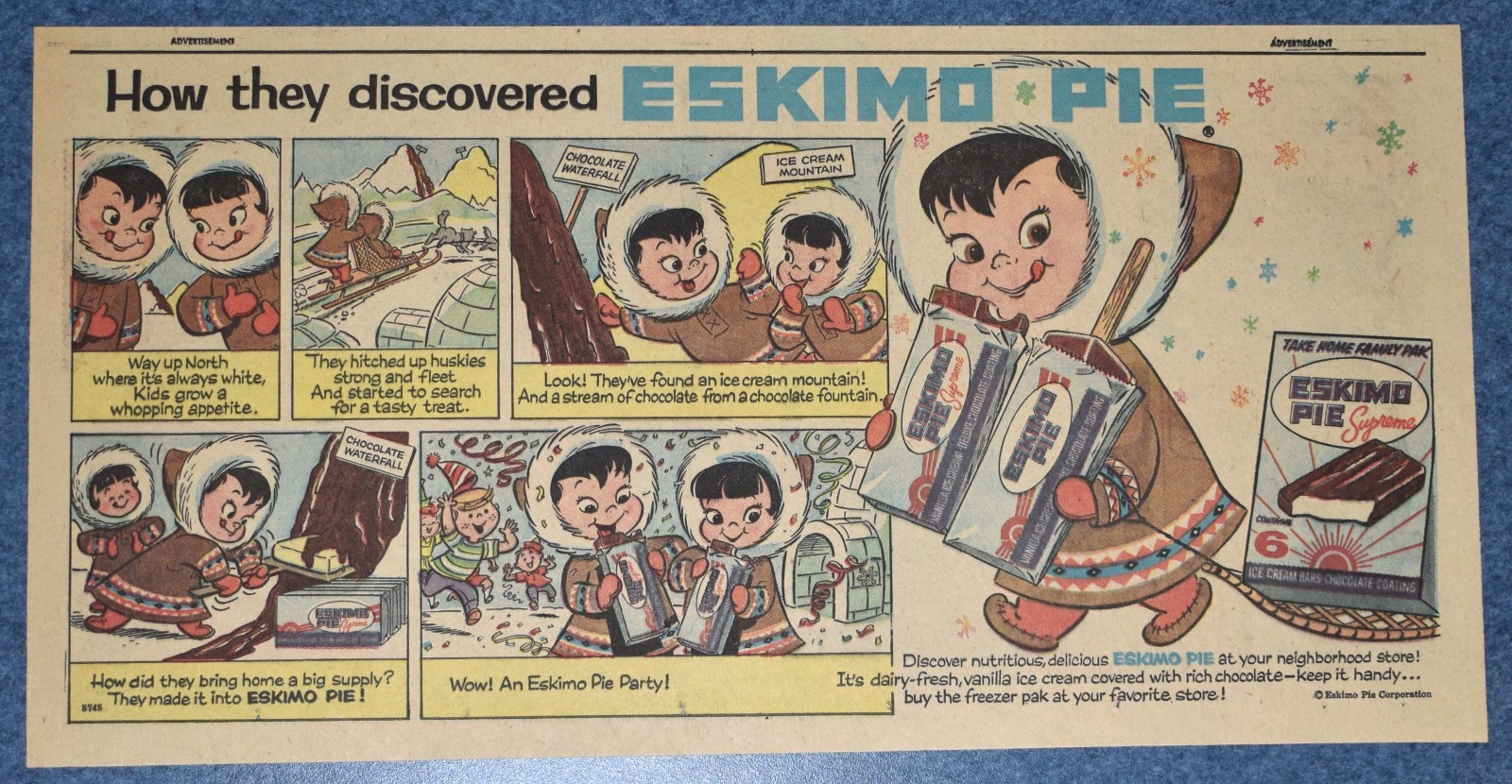 1958 - ESKIMO PIE Newspaper comic ad - How they discovered ESKIMO PIE