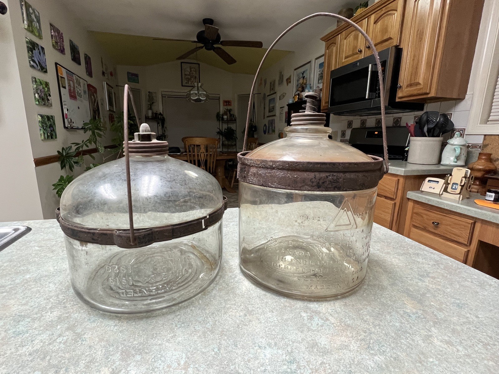 Antique Perfection Stove Co. Glass Fuel Fount Pair – 1917 & 1920 Patent Dates