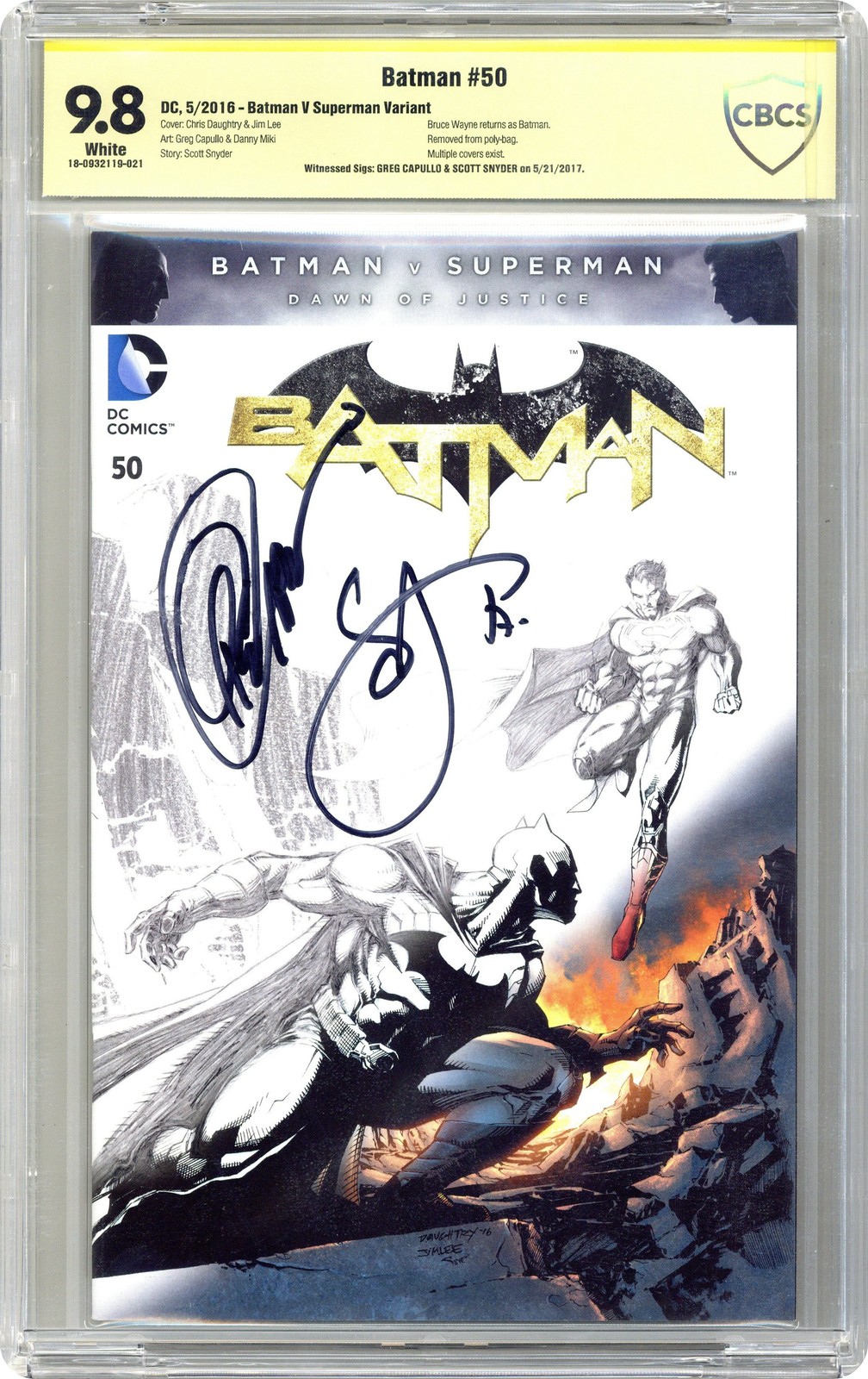Batman #50E Daughtry Fade Variant CBCS 9.8 Witnessed Sig Capullo/ Snyder 2016