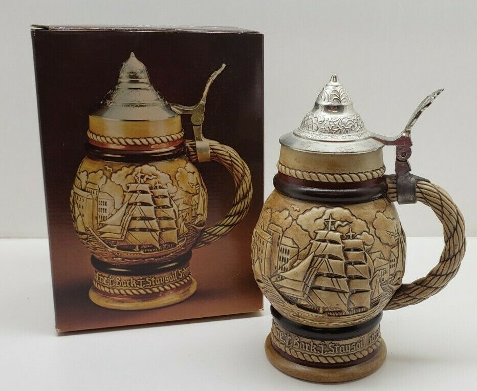 Vintage Avon Tall Ships Ceramic Stein 1977 lidded stein in original box