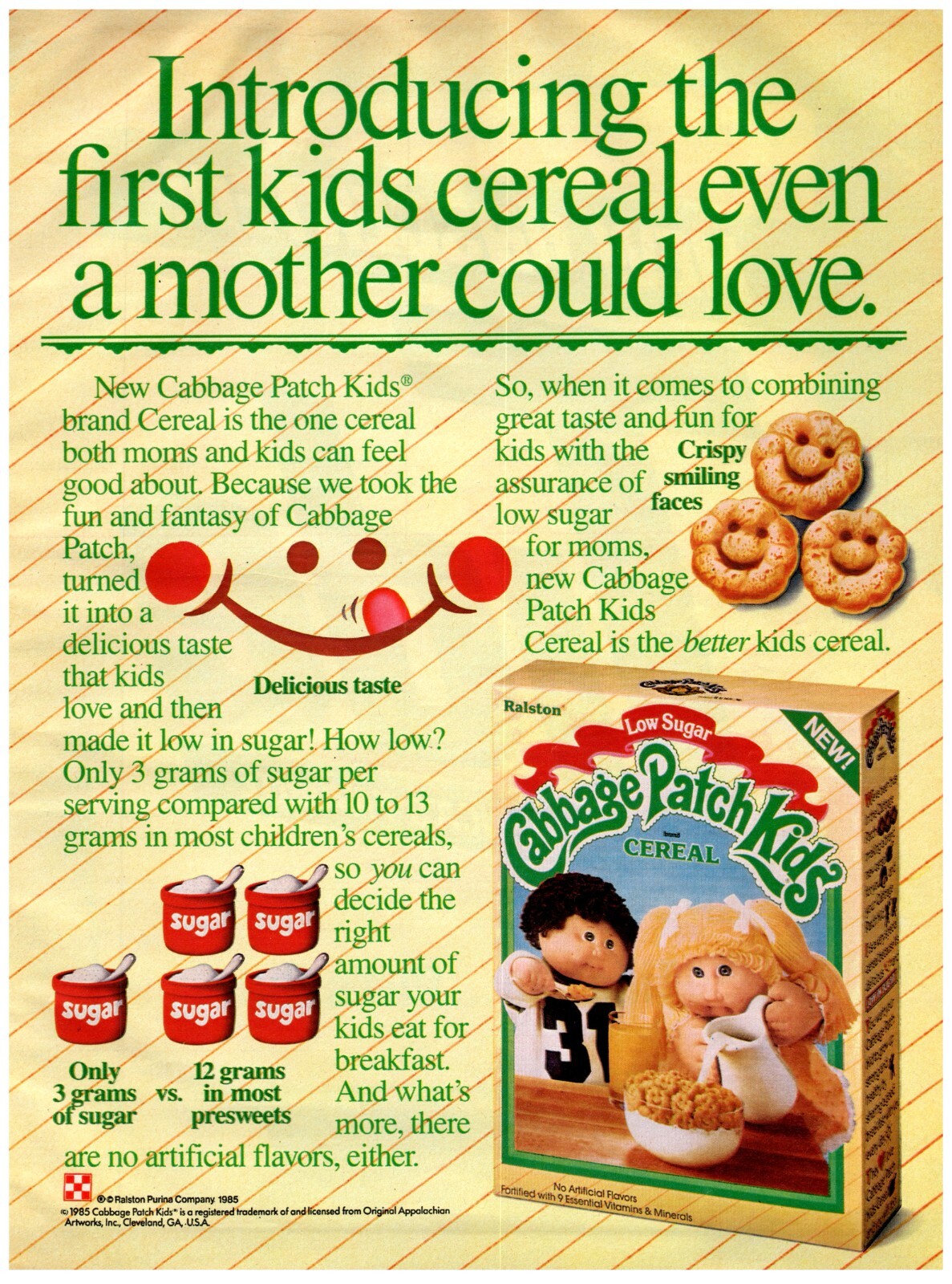 PRINT AD, 1985 Ralston Cabbage Patch Kids Cereal First Kids Mother Could Love