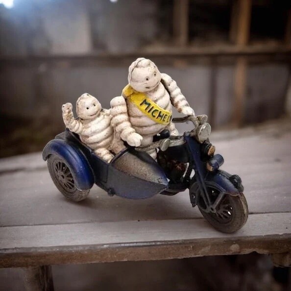 Cast Iron Tire Men on Cycle with Side Car Michelin Figure Antique finish
