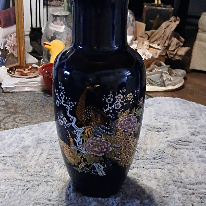 Vintage Japan Cobalt Blue Porcelain Peacock Flower Vase Gold Gilt Tobijutsu