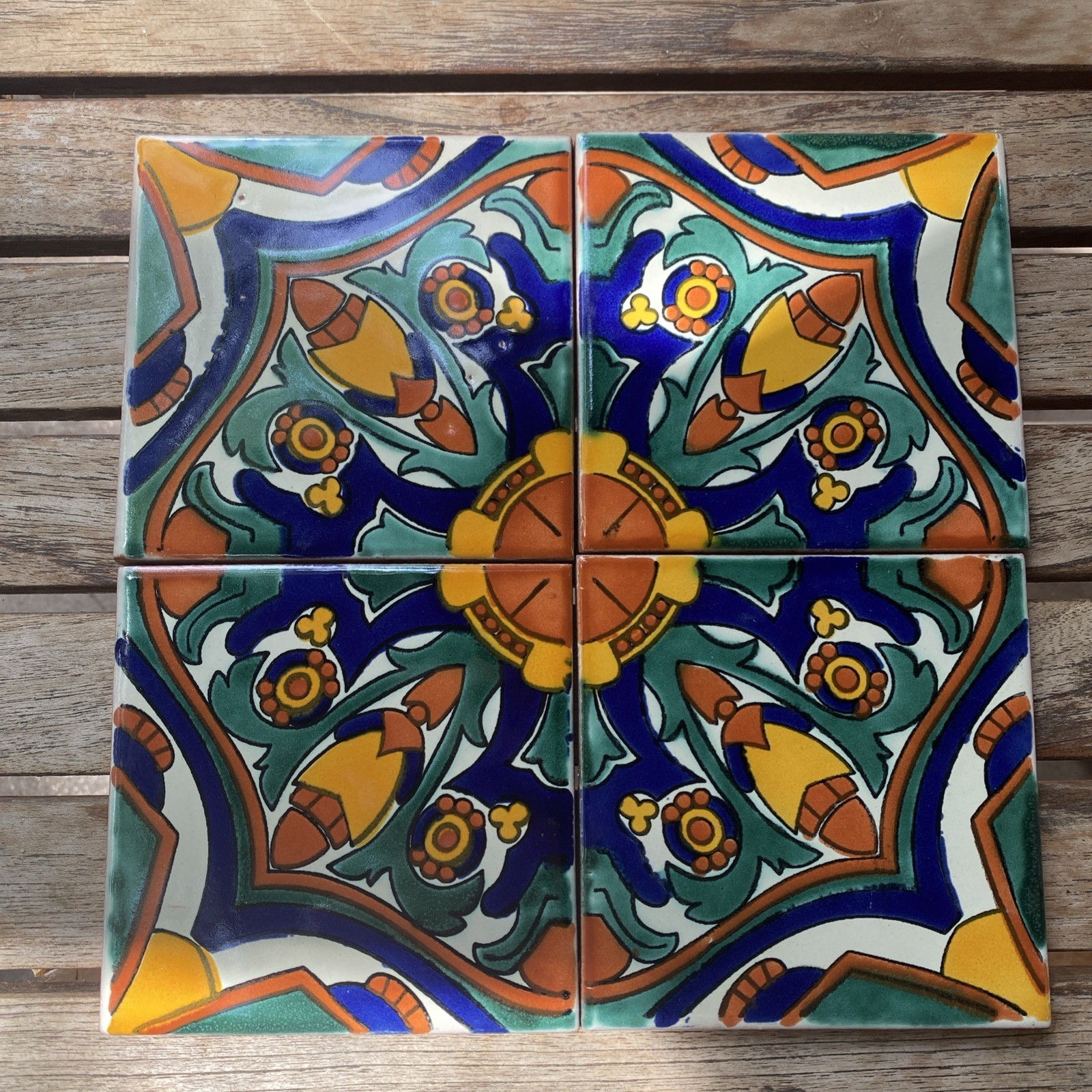 VTG Terra Cotta Spanish Mexican TALAVERA 4 Patterned Tiles Trivet Coaster 4’ NEW VTG Terra Cotta Spanish Mexican TALAVERA 4 Patterned Tiles Trivet Coaster 4’ NEW