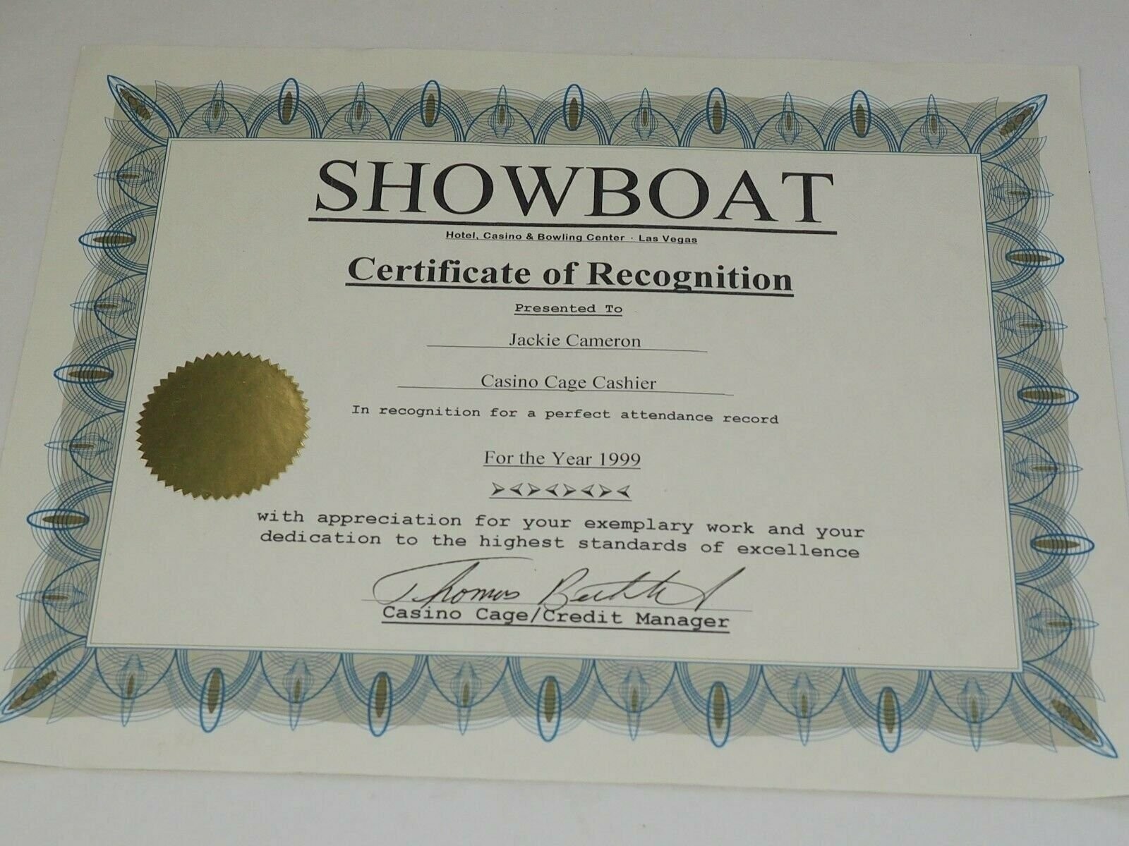 SHOWBOAT Hotel & Casino & Bowling Center CERTIFICATE To Jackie Cameron 1999