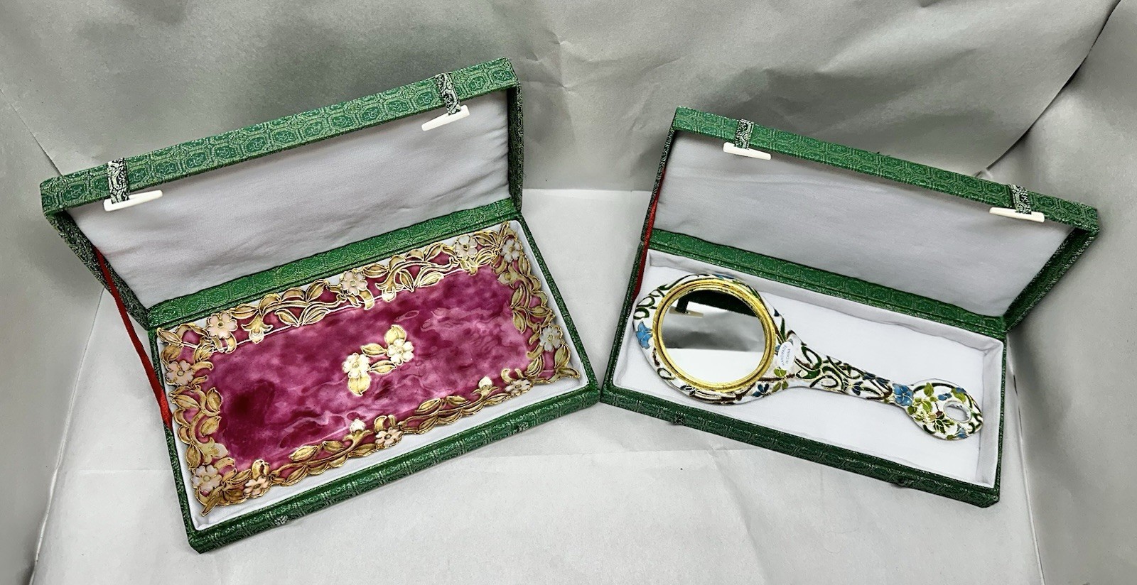 Vintage Chinese Cloisonné Enamel Hand Mirror & Pink Vanity Tray Set w/ Boxes