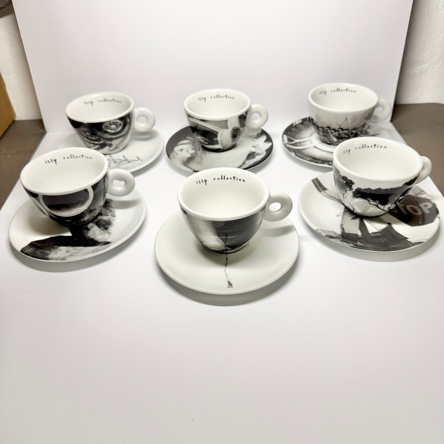 Illy Collection 1999 Espresso Cups & Saucers Set 6 Black & White Art Mitterteich Illy Collection 1999 Espresso Cups & Saucers Set 6 Black & White Art Mitterteich