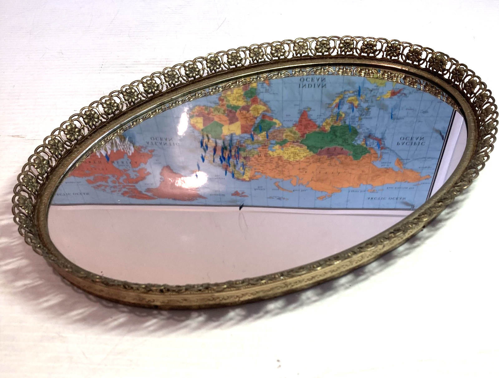 Vintage Oval Gold Tone Filigree Mirrored Tray Vanity 14”X 10
