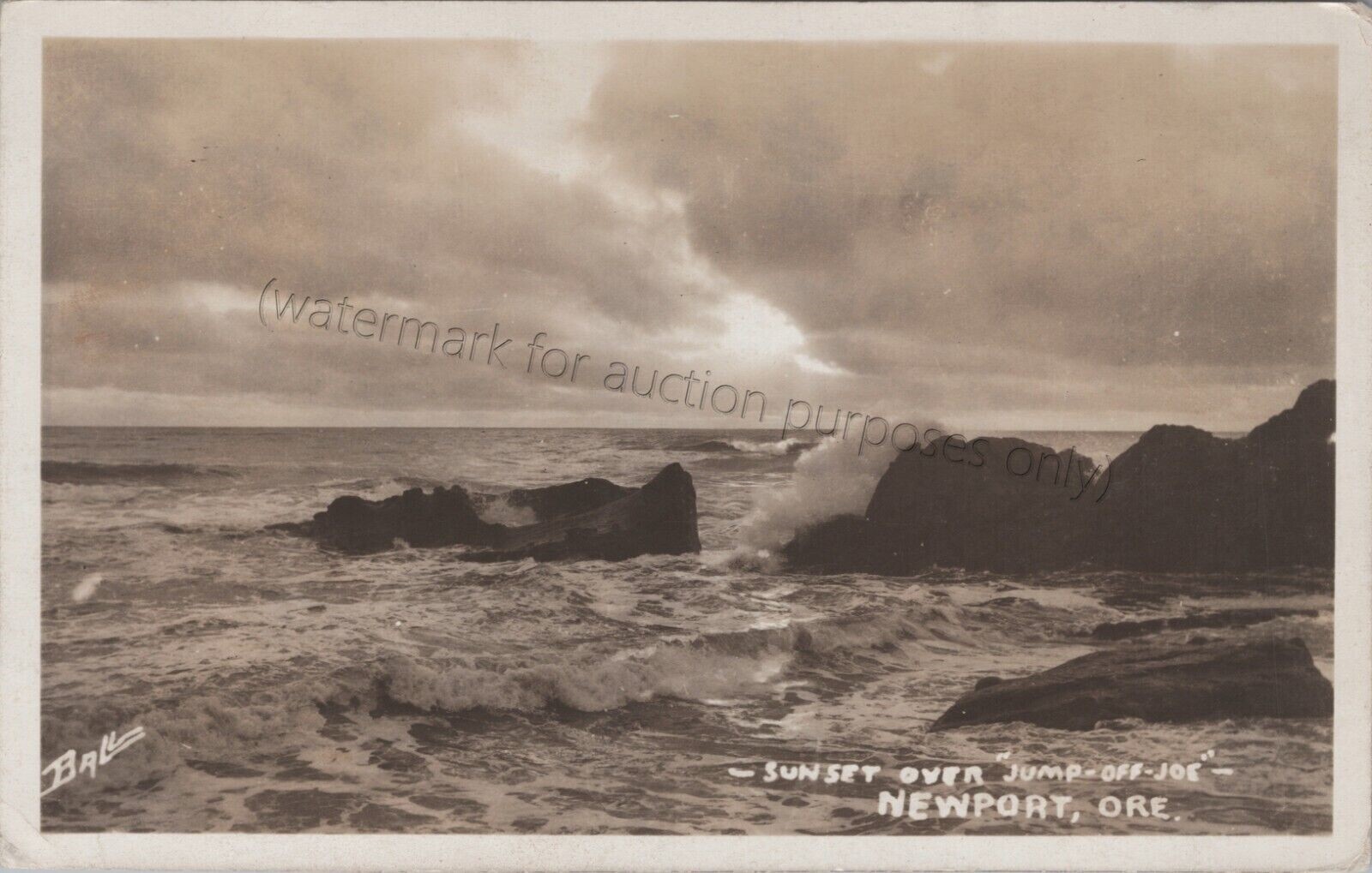 Newport, OR: 1924 RPPC Sunset, Jump-Off-Joe, Nye Beach, Ball Real Photo Postcard