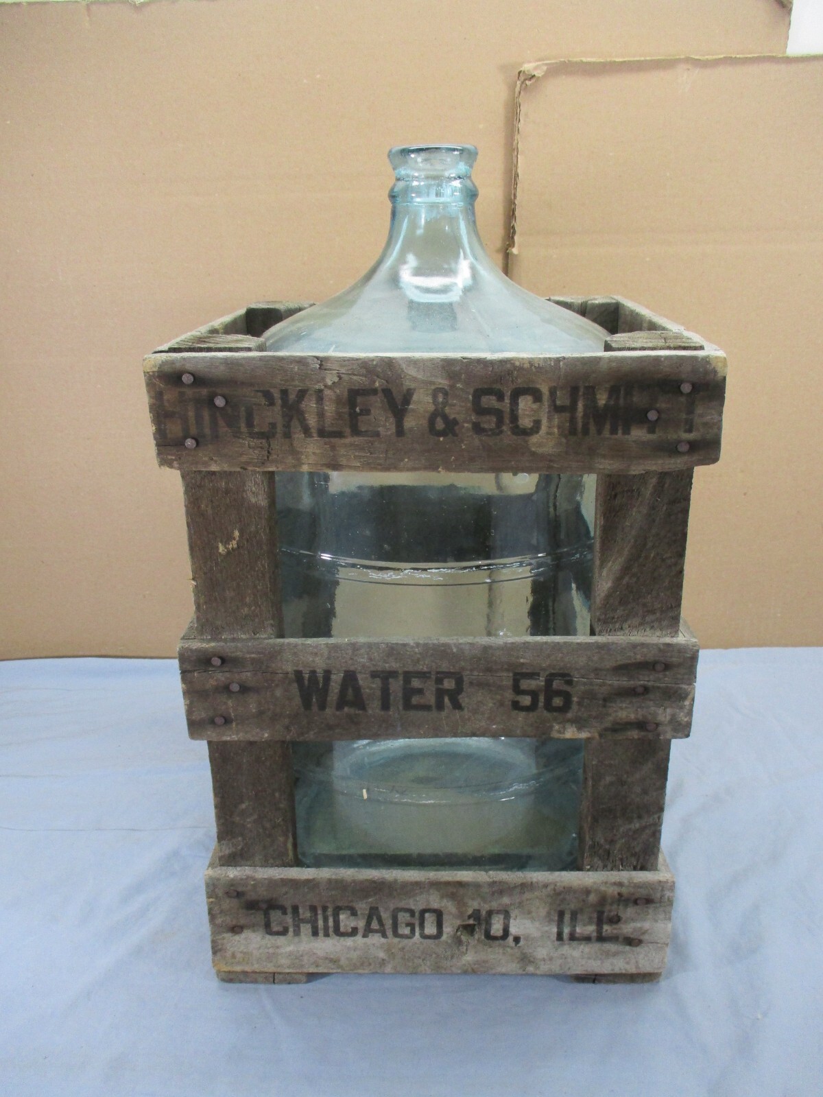 Vtg Hinckley & Schmitt 5 Gallon Glass Water Bottle in Wooden Crate Chicago ILL Vtg Hinckley & Schmitt 5 Gallon Glass Water Bottle in Wooden Crate Chicago ILL