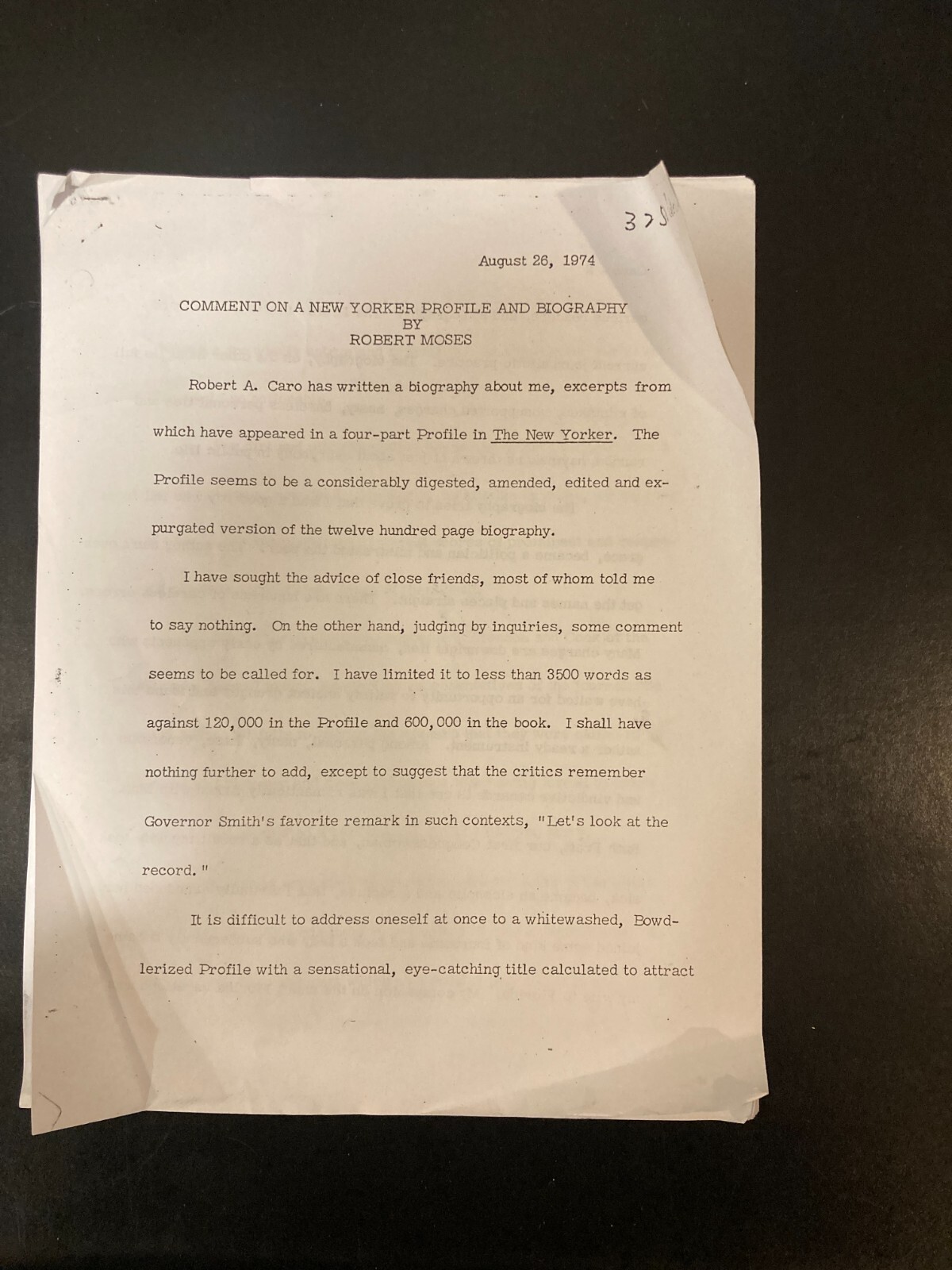1974 Press Release Robert Moses Scathing review of Power Broker Robert Caro 23pg