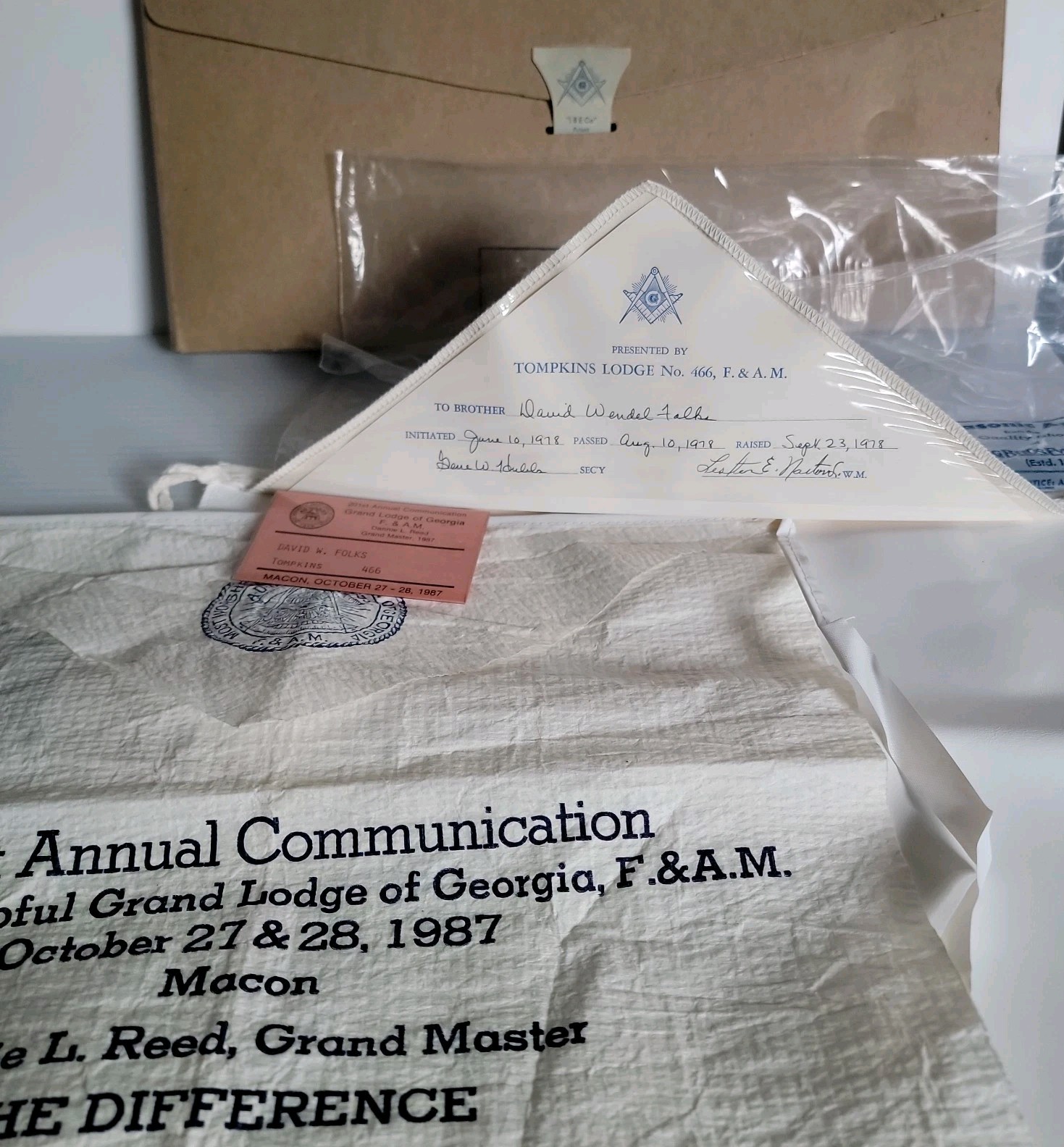 Named Georgia Masonic Apron David W Folks Tompkins Lodge 466 F&AM