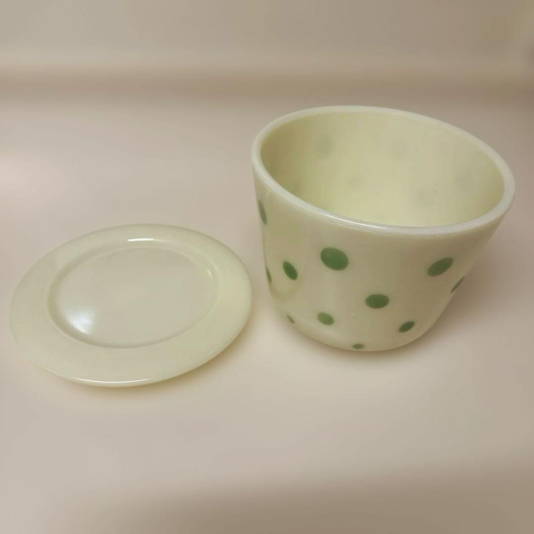 McKee Custard Cup Green Polka Dot Vintage with Lid White 11.5 cm Tall 16 cm Wide