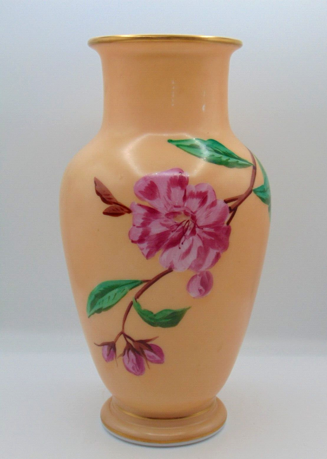 Antique French Baccarat Peach Opaline Hand Painted Pink Magnolia Art Glass Vase
