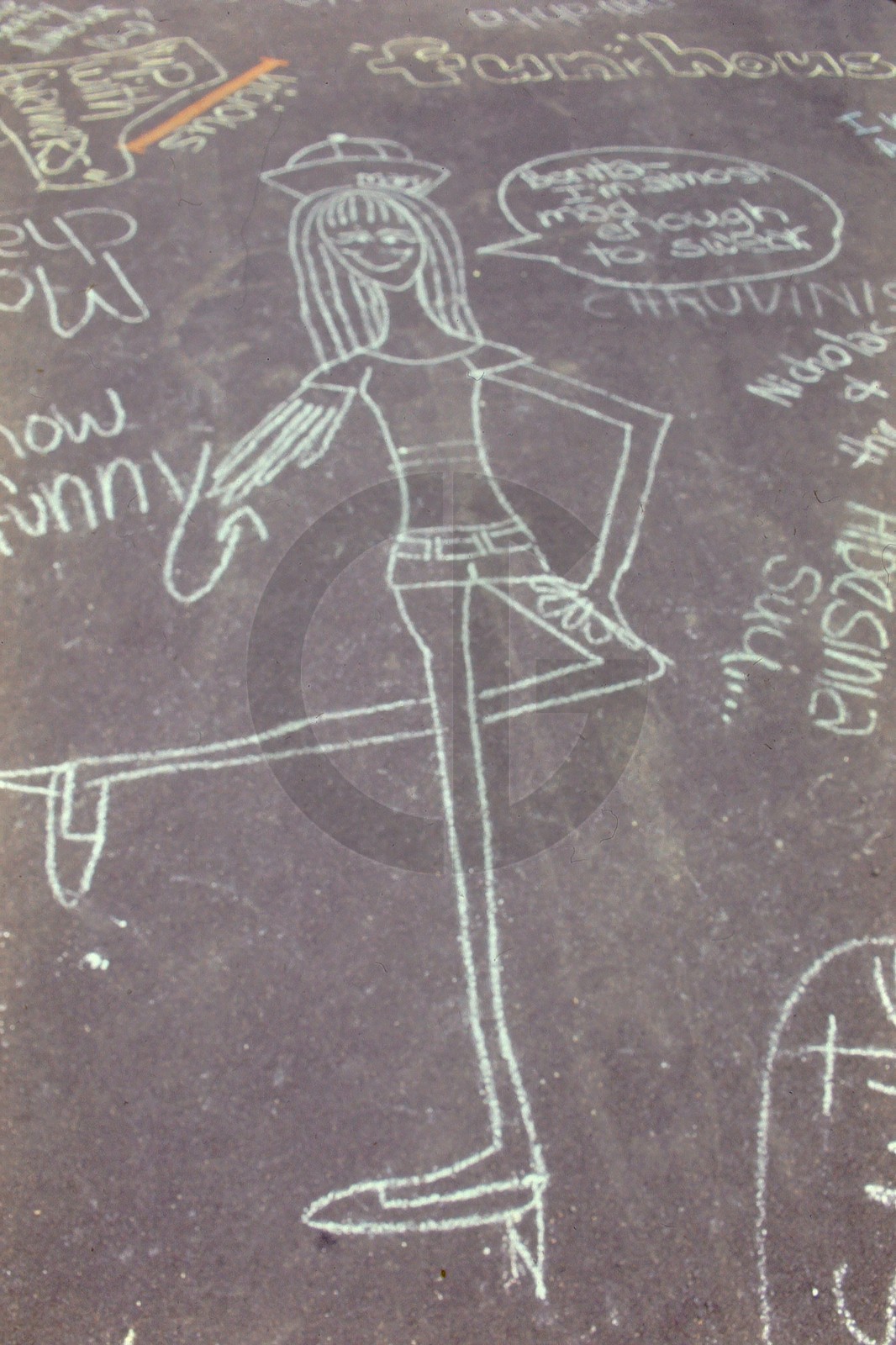 Sidewalk Chalk Drawing Cartoon of Skinny Hippie Woman/Girl: 1960\'s 35mm Slide