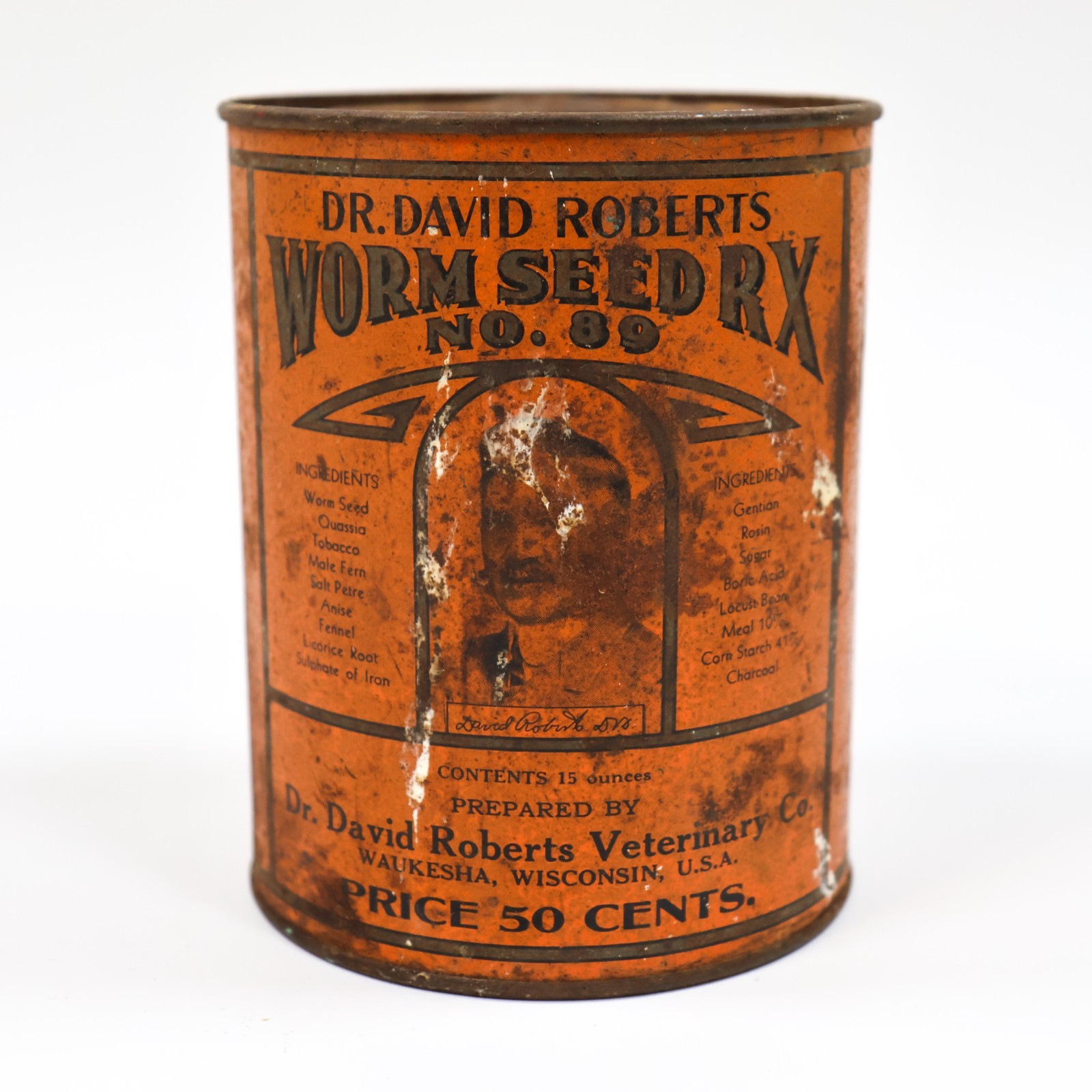 Vintage Dr. David Roberts Worm Seed No 89 Veterinary Tin Waukesha WI Old Antique