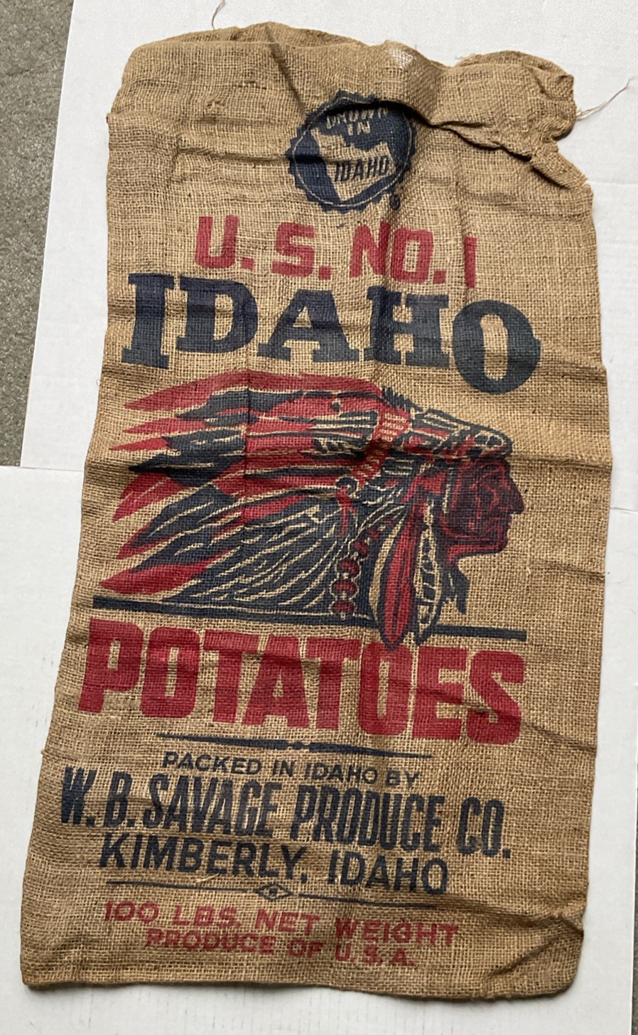 Vtg Indian Chief Head Idaho Potatoes 100 Lb Burlap Sack Kimberly Idaho 