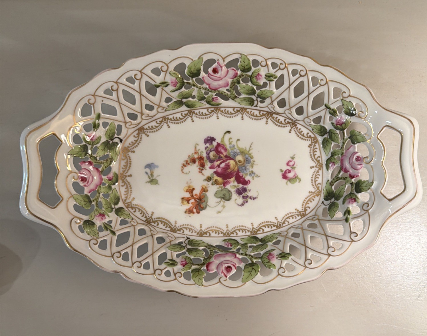 Vtg Bavaria LDBC China Oval Reticulated Floral Bowl Made In Germany  11” X 7.5”