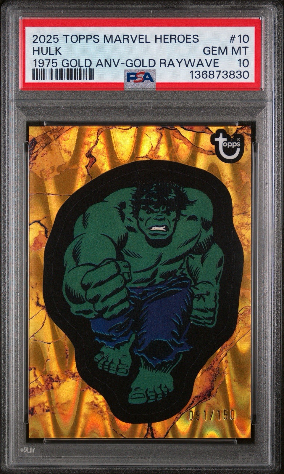 Topps 2025 Marvel Heroes Hulk #10 1975 Gold ANV RayWave /150 PSA 10 Cert