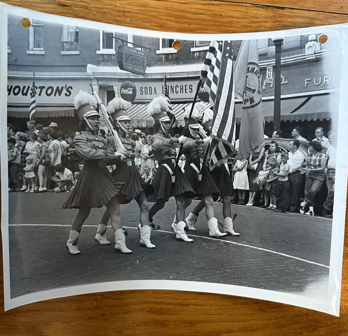 VTG 1950s B&W 8x10 PHOTO BROCKPORT NY MAIN STREET PARADE COLOR GUARD COCA COLA