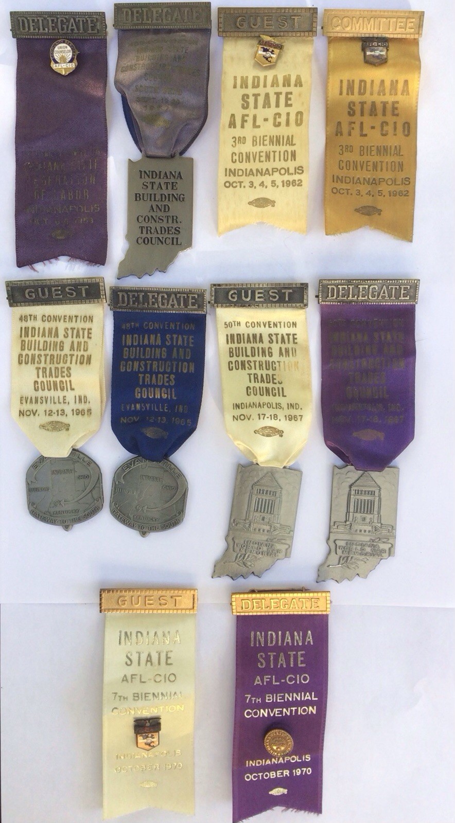 Lot 10 Vintage Indiana Labor Union Convention Ribbons Badges 1953-1970 AFL-CIO