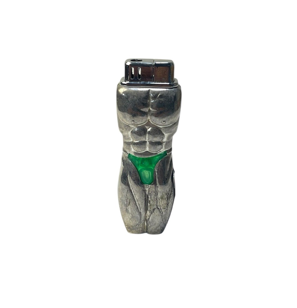 Vintage Y2K Novelty Lighter Chrome Muscular Male Body Green Underwear TESTED