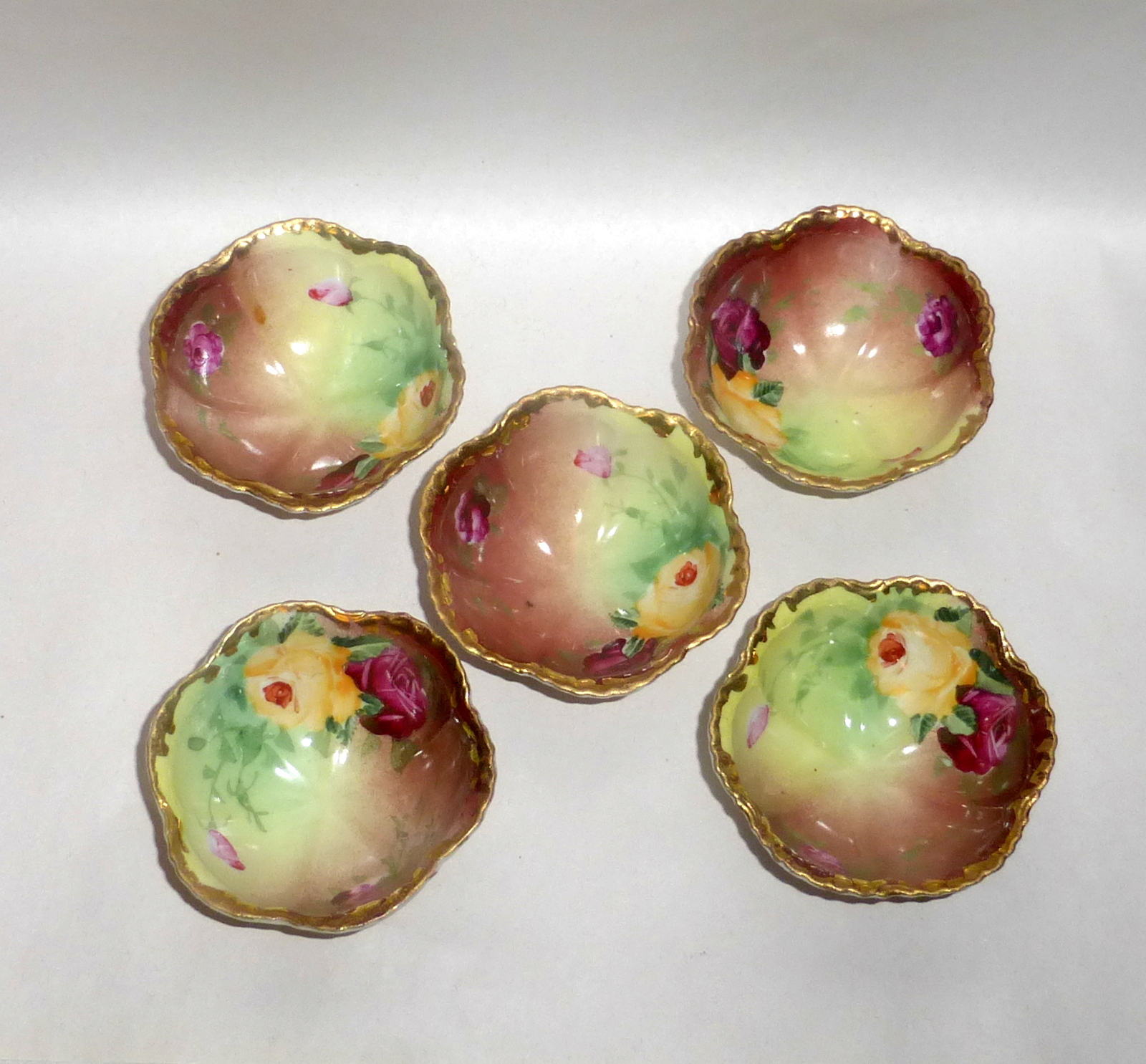 5 Antique Porcelain Nut Dish / Open Salt Dips Cellers Hand Painted Triple Legged