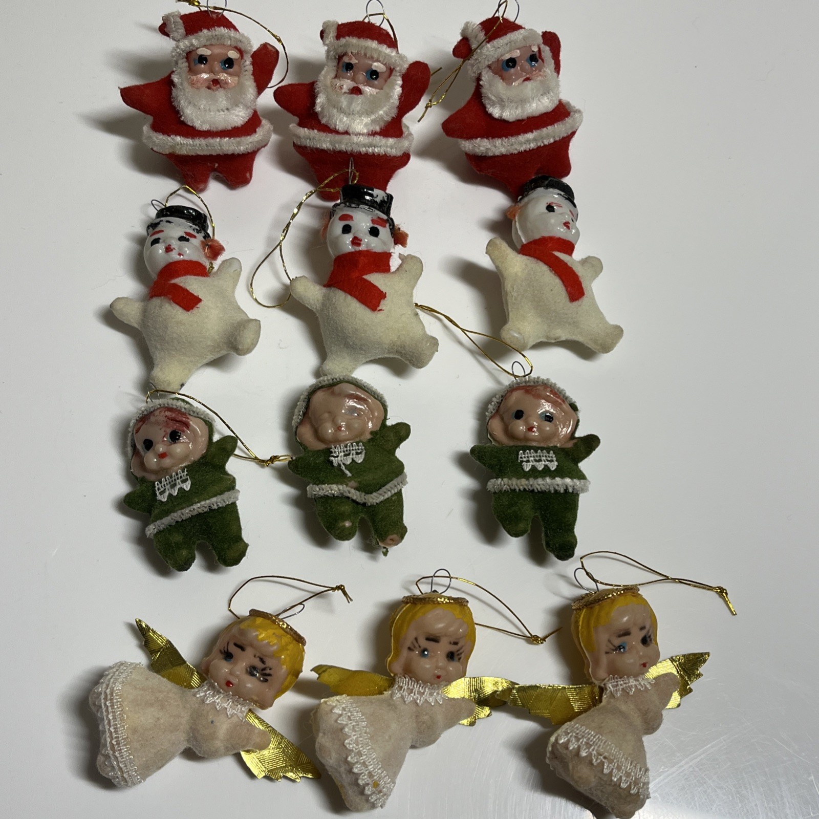 12 Vtg Flocked Plastic Blow Mold Christmas Ornaments Angels Santa Snowman Elves 12 Vtg Flocked Plastic Blow Mold Christmas Ornaments Angels Santa Snowman Elves