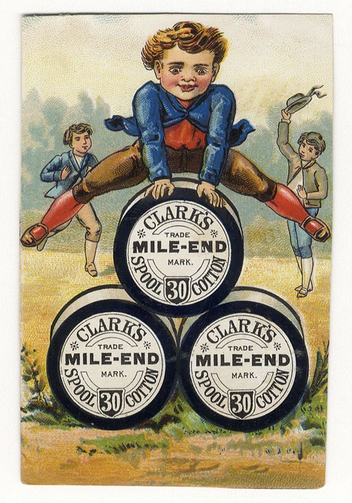 CLARK'S MILE END Cotton Thread BOY Jumping Over Spools VICTORIAN Trade Card 1880 CLARK'S MILE END Cotton Thread BOY Jumping Over Spools VICTORIAN Trade Card 1880