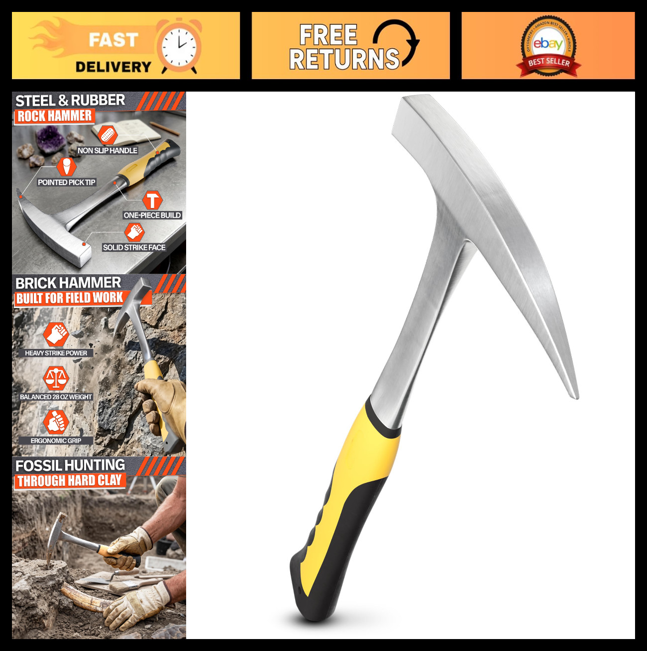 28 oz Geology Rock Pick Hammer - Forged Steel with Pointed Tip & Shock Grip for 28 oz Geology Rock Pick Hammer - Forged Steel with Pointed Tip & Shock Grip for